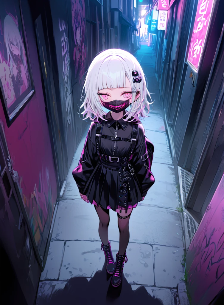 1girl,solo,full body,looking away,expressionless,looking away,goth punk fashion,masks,Mouth mask,white hair,middle hair,messy hair,Forehead,Blunt bangs,mesugaki,pink eyes,half-closed eyes,(crazy eyes),small breasts,hair ornament,pink backpack,bright colors,8 k,complex details,maximum quality,Dull dark graffiti outline,beautiful skin,Walking in Harajuku,(during night),Neon light,neme:yuka