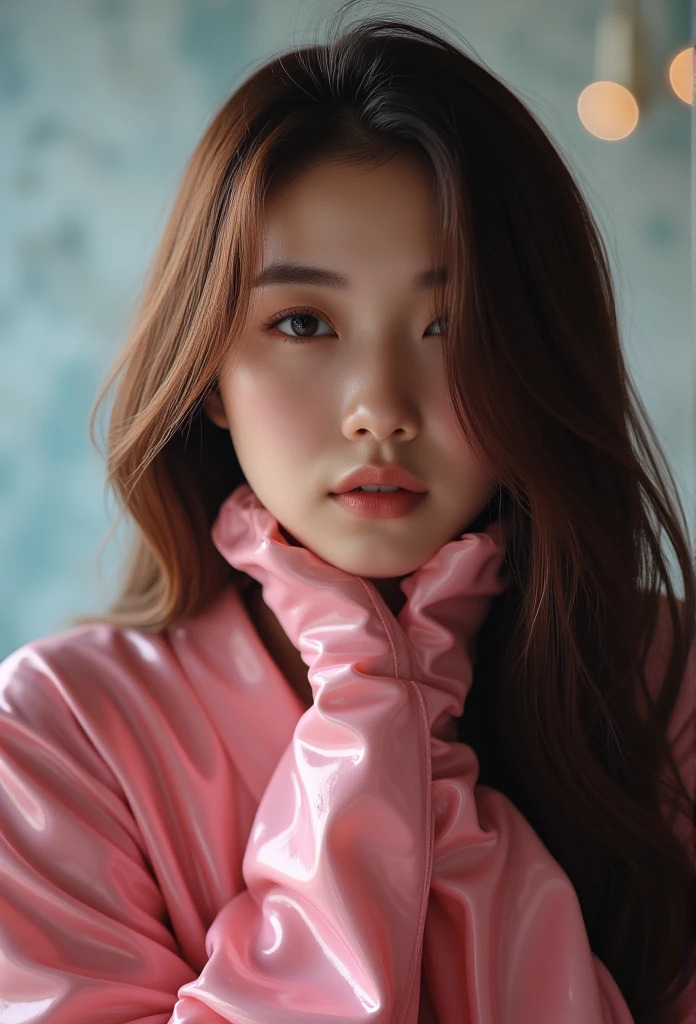  best quality,  masterpiece ,  high detail,  actual , Beautiful Korean Girl ,  A slim, petite young Korean girl in a sexy pink latex robe, Professional Original Quality Photo Shoot ,  Long Socks and Super Heeled Fetishist High Heels , long hair,  Dramatic Posing ,  high detail face, Perfect face