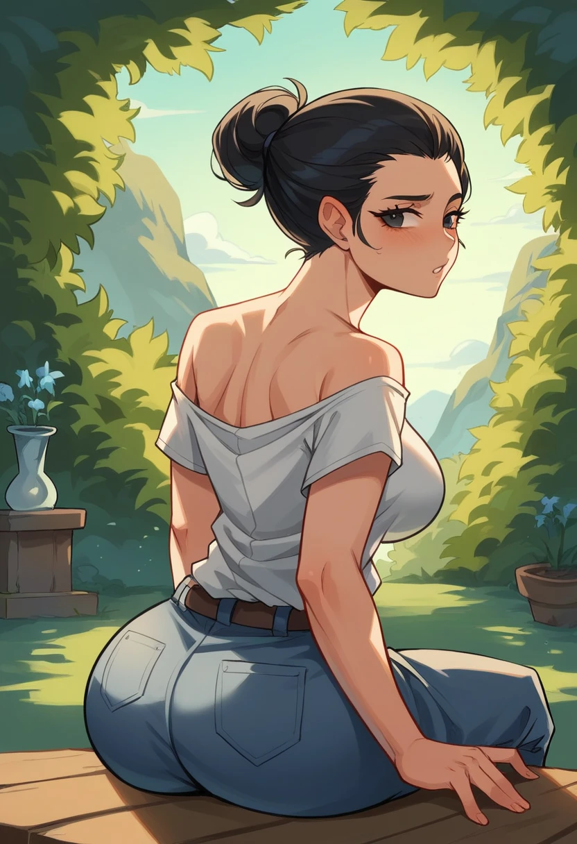 Who-who,  tied hair ,  black hair , simple bun,  black eyes , desnuda,  voluptuous body, showing big ass,sitting,in a garden, buena calidad,Good detail, masterpiece,  perfect and detailed face ,  perfect and detailed background ,HD, 8K, 4k,good anatomy