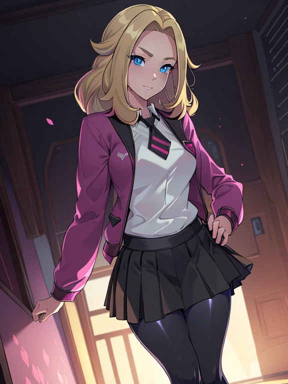 (masterpiece:1.2), best quality, high resolution, unity 8k wallpaper, (illustration:0.8), (beautiful detailed eyes:1.6), extremely detailed face, perfect lighting, extremely detailed CG, (perfect hands, perfect anatomy), a Lass from Pokemon Sword and Shield, blonde hair, blue eyes. ((Wearing: A school uniform, opened magenta jacket, white undershirt, magenta tie, short black skirt and black shiny leggings)).