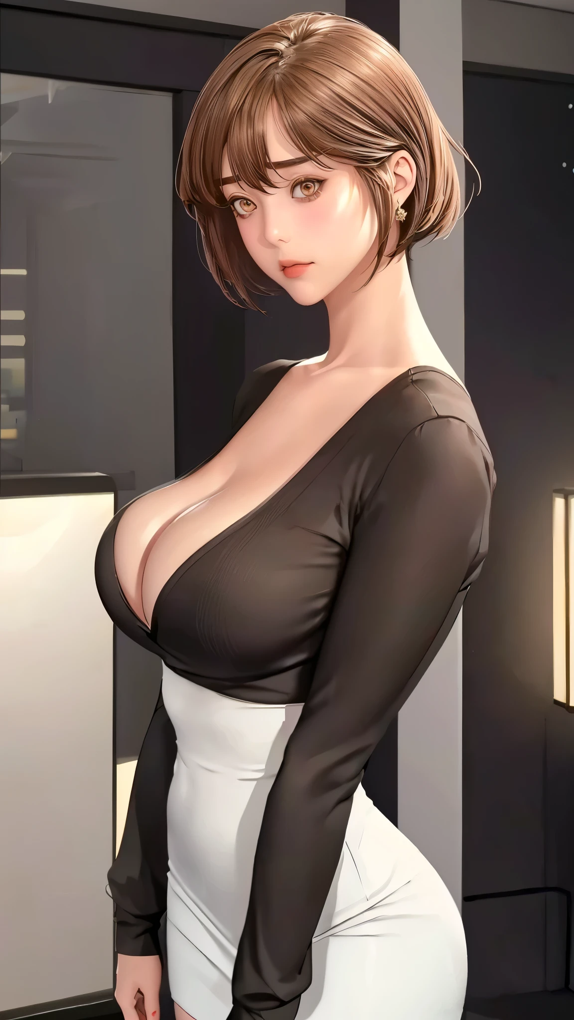 (（（figure，御姐figure,White and tender skin,（（（black cardigan，White pencil skirt，）））,(（（Soridef，brown eyes，brown hair，short hair,））),，((masterpiece)), highres icon,((Best quality at best)),masterpiece,quality,Best quality,(（（  to the audience,Light in the eyes）））,Huge breasts,苗条figure,）））