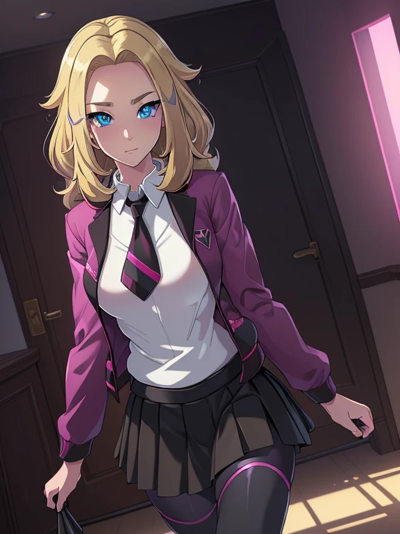 (masterpiece:1.2), best quality, high resolution, unity 8k wallpaper, (illustration:0.8), (beautiful detailed eyes:1.6), extremely detailed face, perfect lighting, extremely detailed CG, (perfect hands, perfect anatomy), a Lass from Pokemon Sword and Shield, blonde hair, blue eyes. ((Wearing: A school uniform, opened magenta jacket, white undershirt, magenta tie, short black skirt and black shiny leggings)).