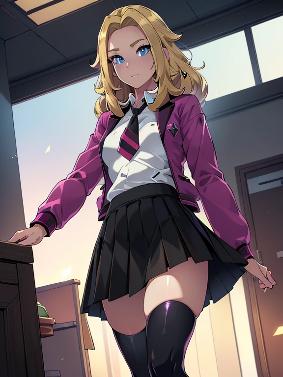 (masterpiece:1.2), best quality, high resolution, unity 8k wallpaper, (illustration:0.8), (beautiful detailed eyes:1.6), extremely detailed face, perfect lighting, extremely detailed CG, (perfect hands, perfect anatomy), a Lass from Pokemon Sword and Shield, blonde hair, blue eyes. ((Wearing: A school uniform, opened magenta jacket, white undershirt, magenta tie, short black skirt and black shiny leggings)).