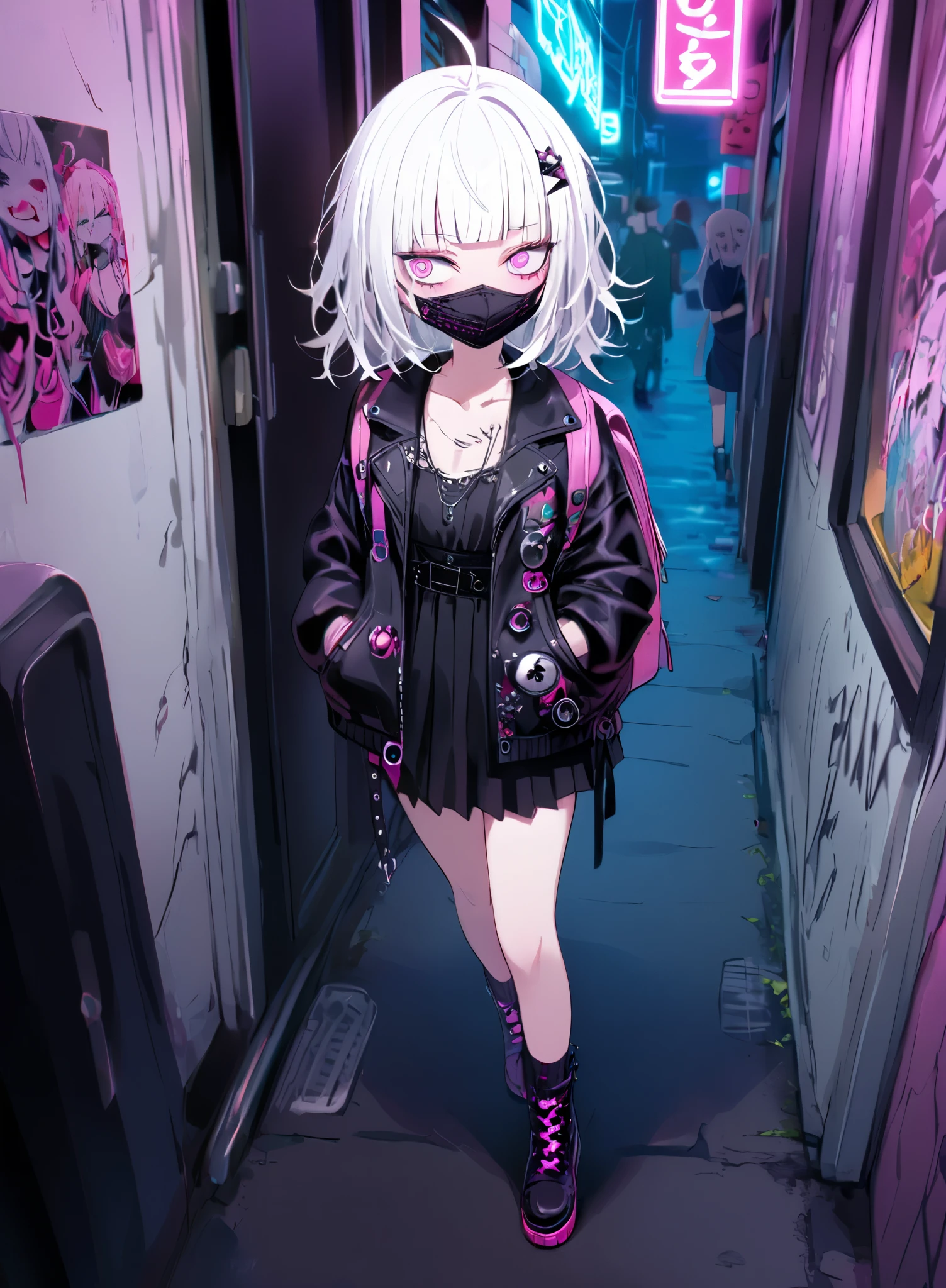 1girl,solo,full body,looking away,expressionless,looking away,goth punk fashion,masks,Mouth mask,white hair,middle hair,messy hair,Forehead,Blunt bangs,mesugaki,pink eyes,half-closed eyes,(crazy eyes),small breasts,hair ornament,pink backpack,bright colors,8 k,complex details,maximum quality,Dull dark graffiti outline,beautiful skin,Walking in Harajuku,(during night),Neon light,neme:yuka