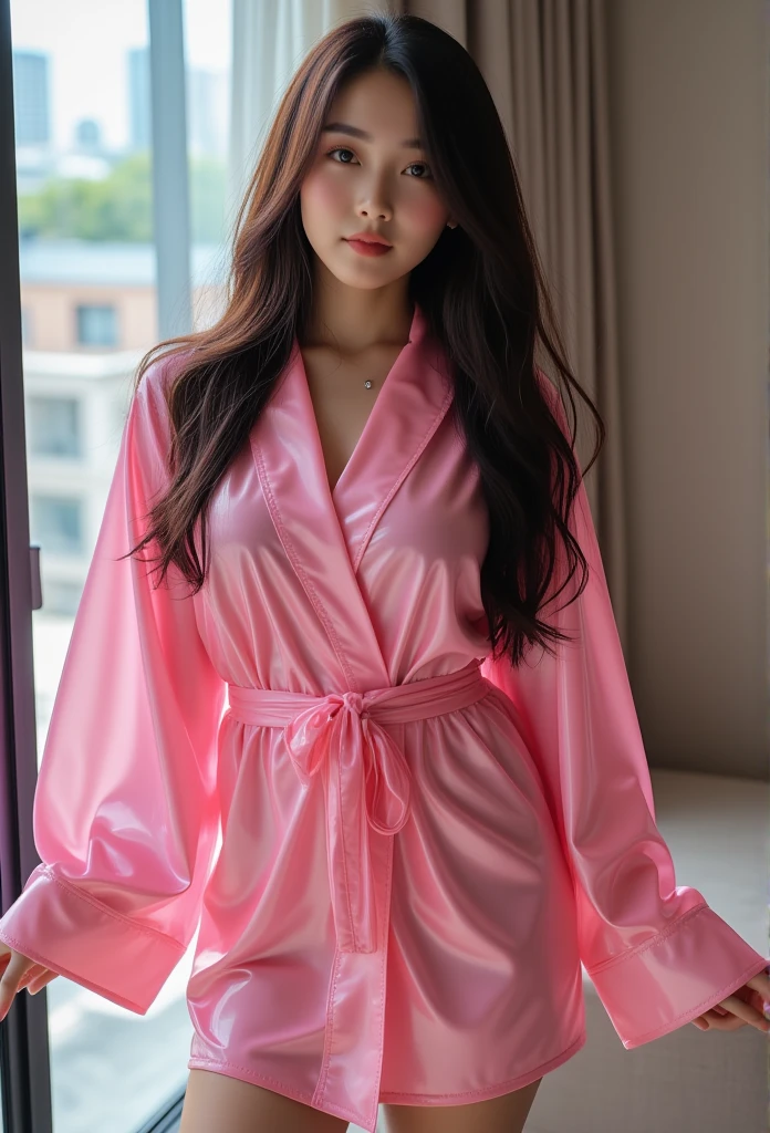  best quality,  masterpiece ,  high detail,  actual , Beautiful Korean Girl ,  A slim, petite young Korean girl in a sexy pink latex robe, Professional Original Quality Photo Shoot ,  Fetishist High Heels , long hair,  Dramatic Posing ,  high detail face, Perfect face