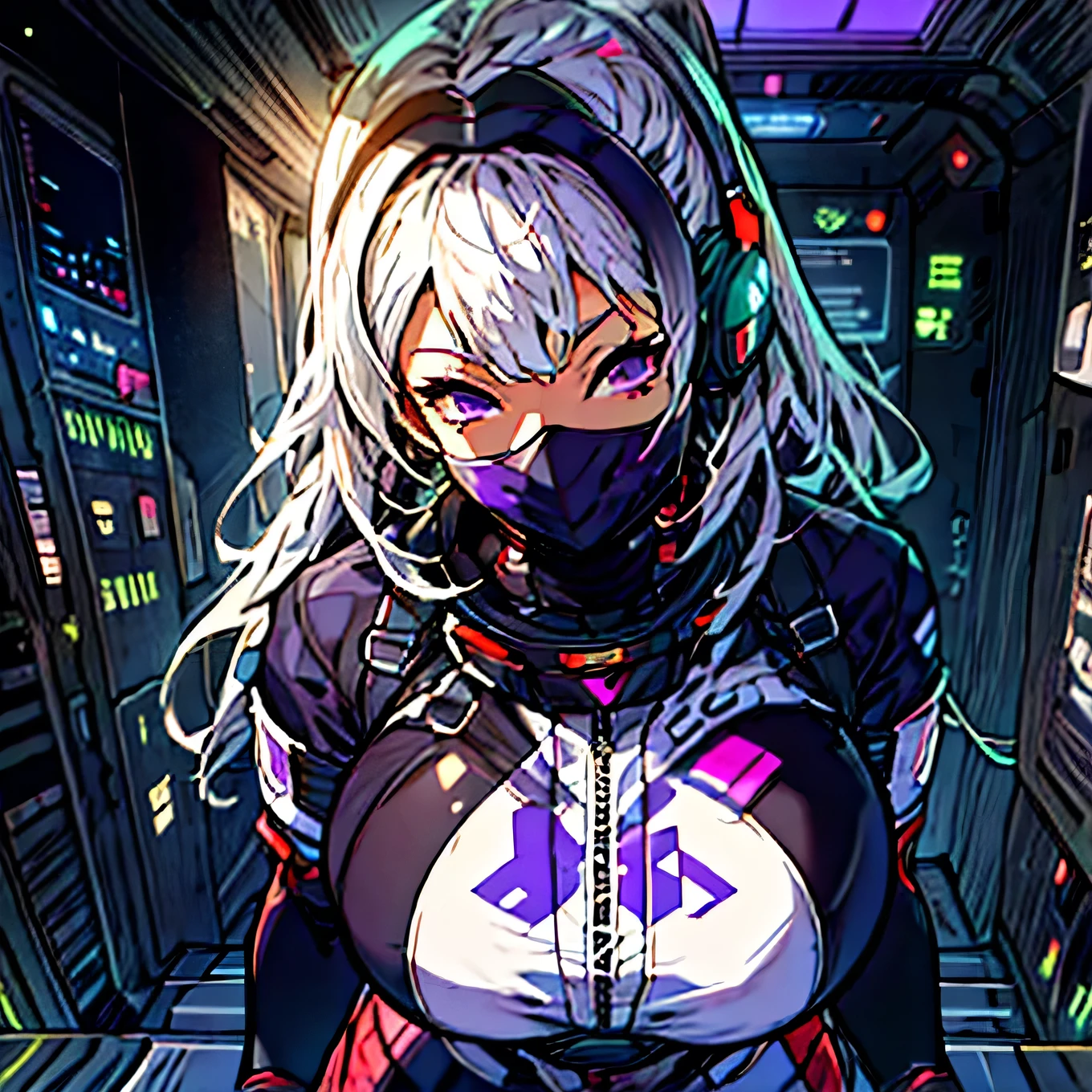  a girl, Alone,  long hair , GIANT breasts,  high resolution , white hair, Very long hair,  wearing a very tight futuristic space suit com detalhes pretos e roxos that covers the entire body, in space,highly detailed background,FIRST WORK,game,futuristic headset , brilliance, Necessary,  best quality,  tunic ,  Impressionism,  lens reflection ,  Lines of movement , Mask, purple eyes, top view, foco nos peitos, mais perto da camera, sexy, olhar sexy,sozinha, Olhando para o espectador, 