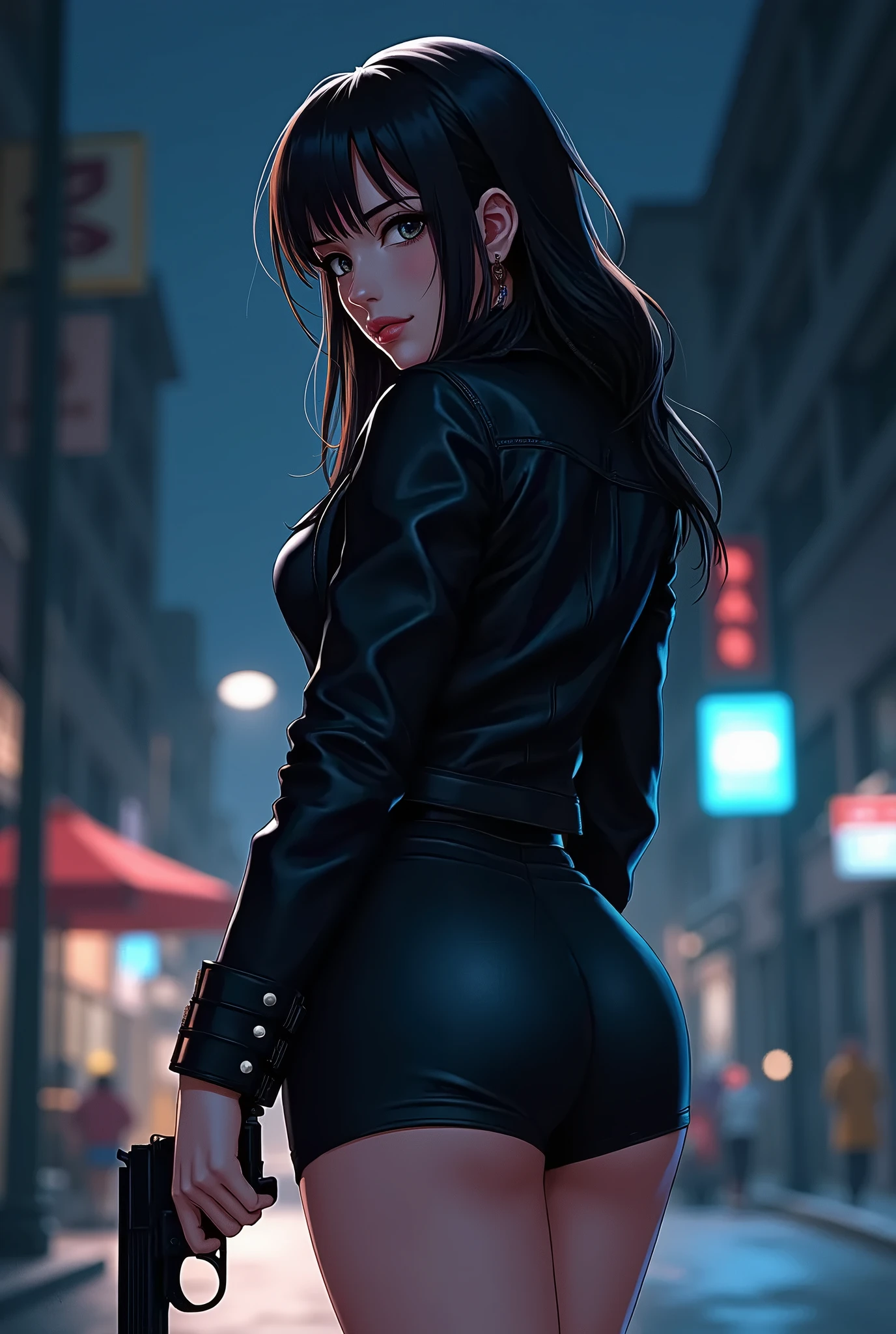 masterpiece, best quality, shadows, perfect hands, perfect legs, perfect anatomy, pretty face, mature features, 1 girl, 21 years old, MILF, mature woman, tight crop top, sexy leather skirt, city night background, white long hair, thighs, ass, breast, seductive, spicy, posing, cinematography lights,