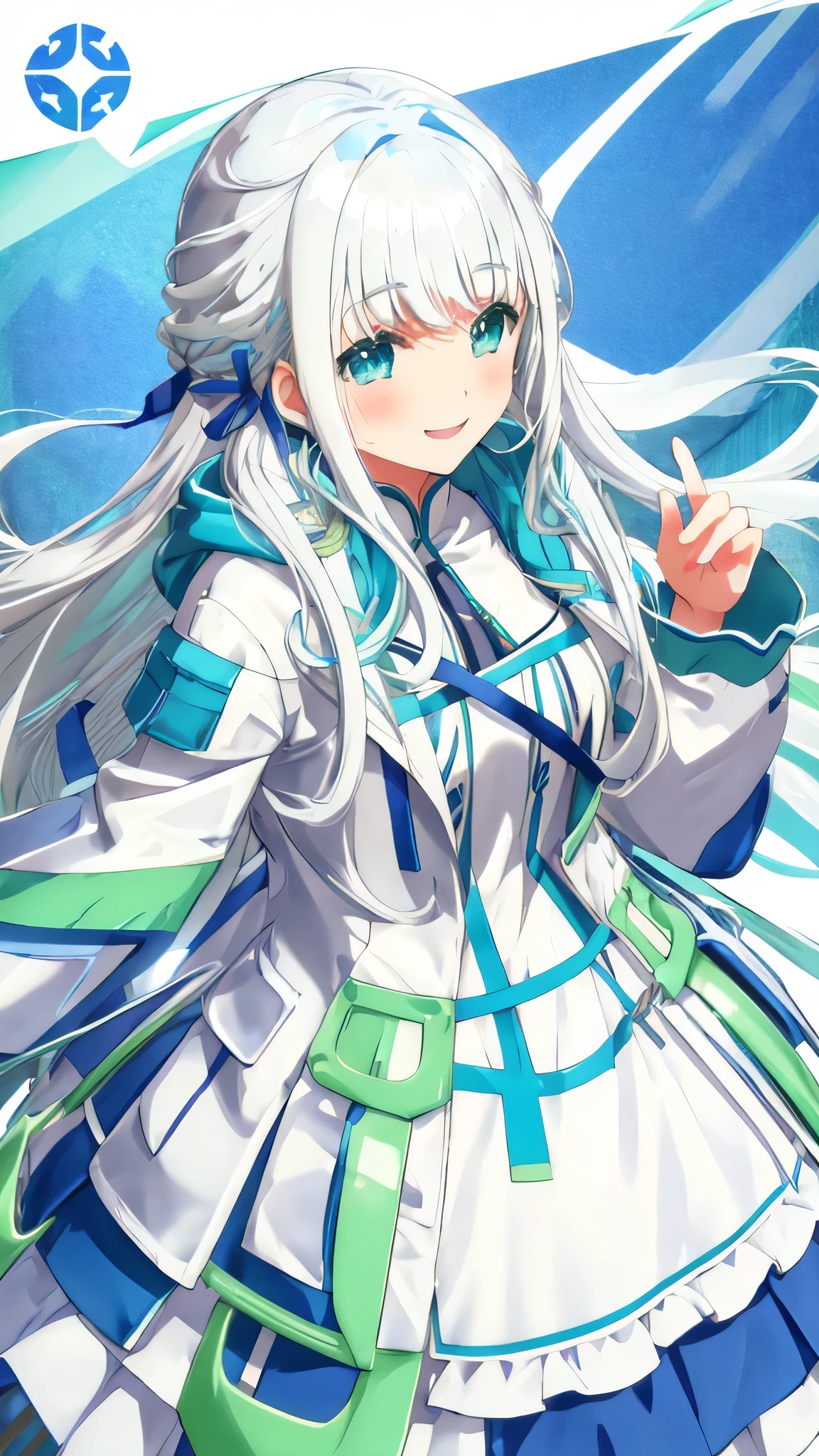 White Hair、Blue-green eyes、 long hair 、smile、 white hoodie、Blue-green skirt、White background