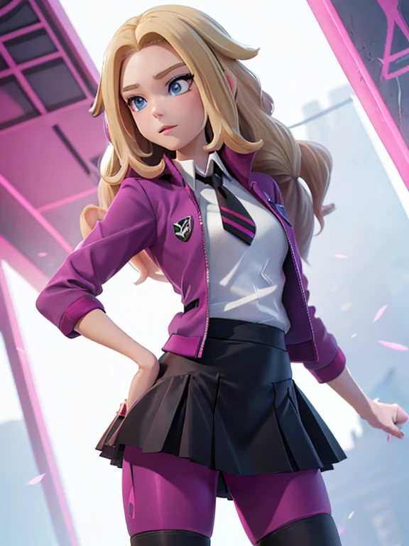 A Lass from Pokemon Sword and Shield, blonde hair, blue eyes. ((Wearing: A school uniform, opened magenta jacket, white undershirt, magenta tie, short black skirt and black shiny leggings)).