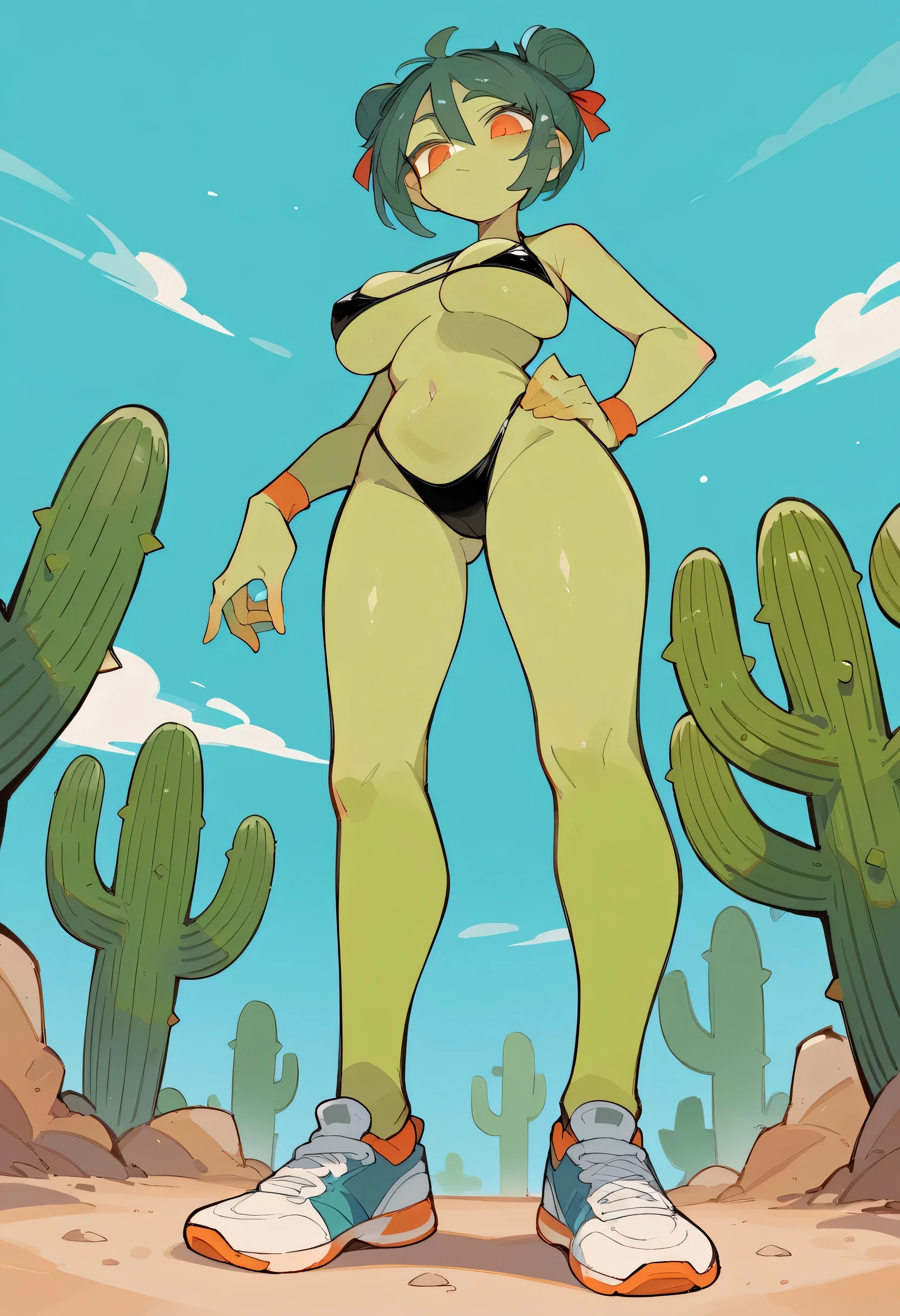 Masterpiece, best quality, Masterpiece, best quality, 1 woman, Cactus man , green skin , long green hair , I have two buns in my hair , orange eyes , sly face , black bikini , big breasts , abdomen , Long legs , Put your hands on your hips.. , sports shoes , full body , low angle shot