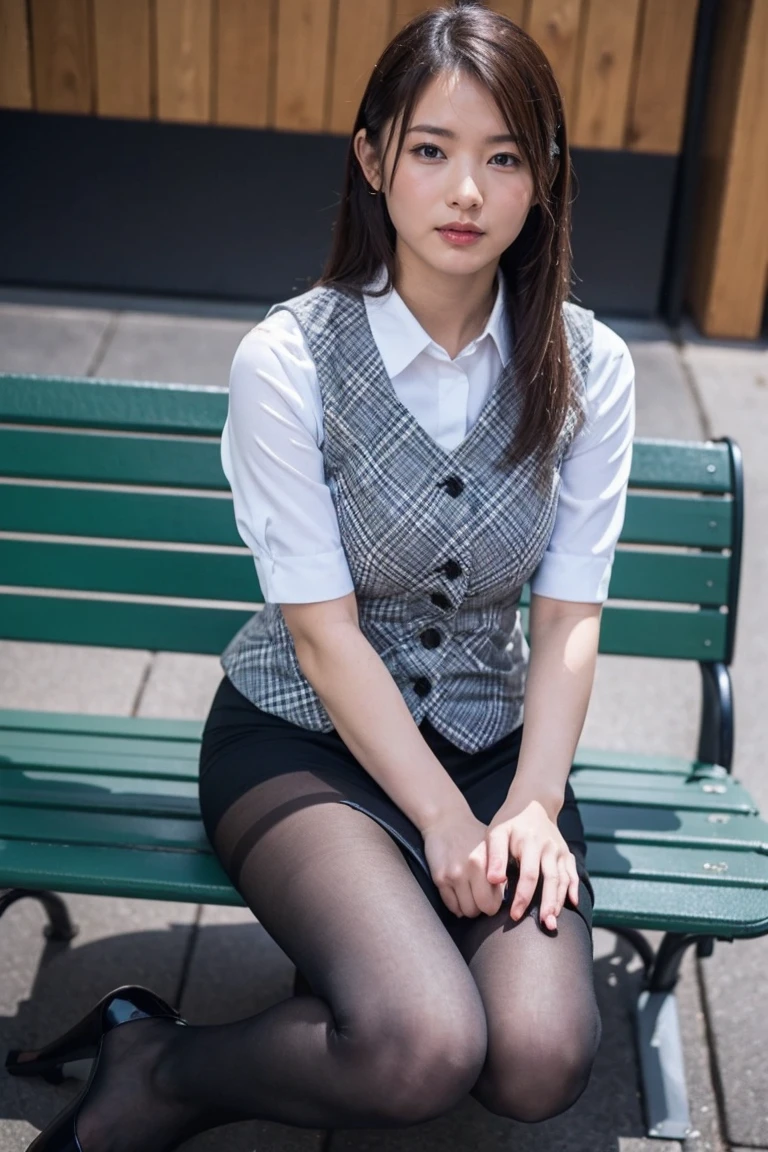 ulzzang-6500-v1.1, (RAW Photos:1.2), (Realistic), (Genuine:1.4), 1girl、Perfect Anatomy、4、Looking into the camera、Medium Long Hair、Plaid vest、((Sit on a bench:1.3))、(Ultra-realistic pantyhose:1.3), (High heels)、(Business services)、