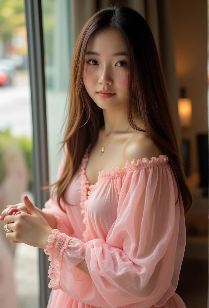  best quality,  masterpiece ,  high detail,  actual , Beautiful Korean Girl , A slim, ite young Korean girl in a sexy translucent pink tulle robe, Professional Original Quality Photo Shoot ,  Fetishist High Heels , long hair,  Dramatic Posing ,  high detail face, Perfect face