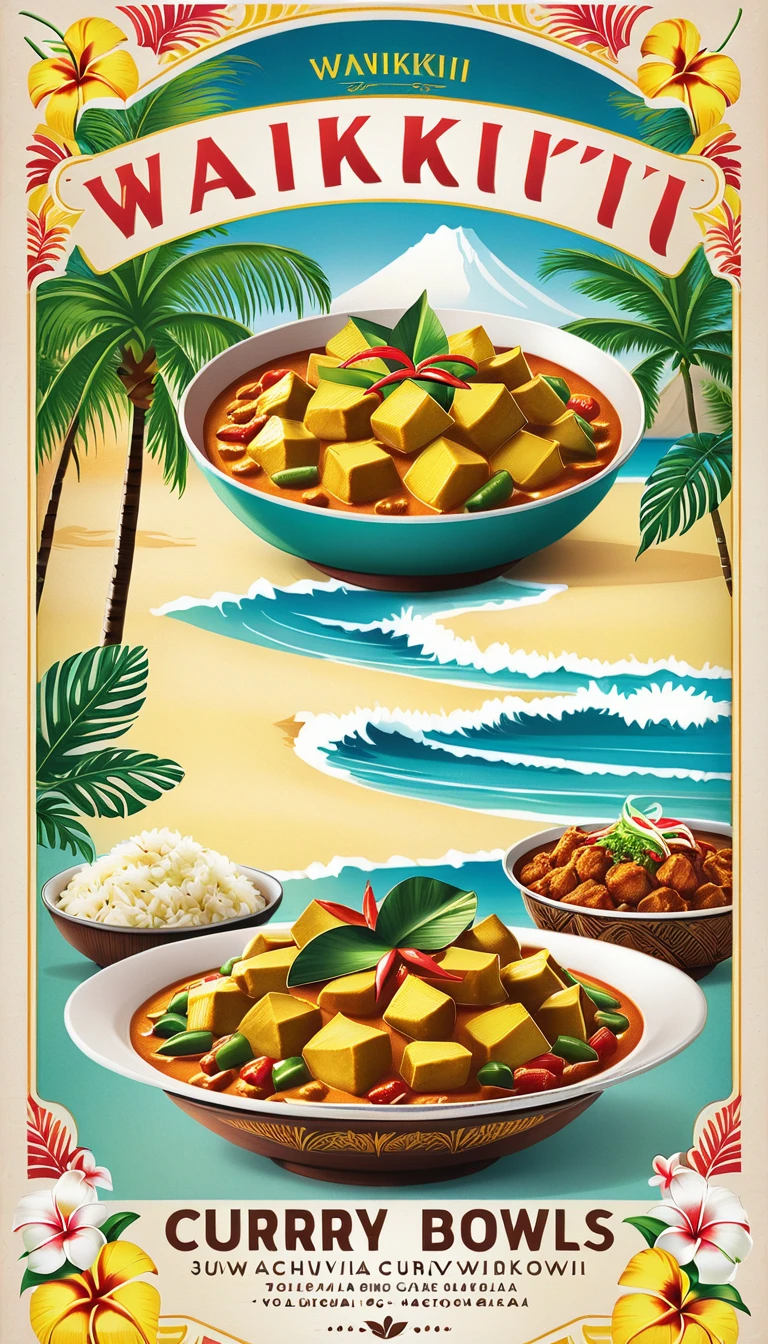 Create a high-detailed, vintage-style poster featuring the theme 'WAIKIKI CURRY BOWLS.' The illustration should showcase delicious curry bowls with vibrant colors and intricate details, emphasizing the spicy and hot nature of the dish. Incorporate tropical elements like palm leaves or subtle beach motifs in the background to evoke the essence of Waikiki. Use classic, stylized vintage fonts for the text 'WAIKIKI CURRY BOWLS' and 'Delicious Curry Bowls' to complement the retro aesthetic. The design should be high quality, with rich, warm tones to highlight the inviting and flavorful nature of the curry.