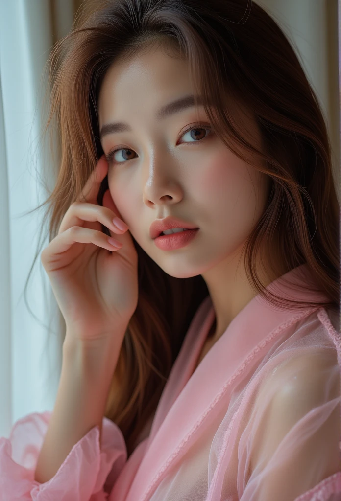  best quality,  masterpiece ,  high detail,  actual , Beautiful Korean Girl , A slim, petite young Korean girl in a sexy translucent pink tulle robe, Professional Original Quality Photo Shoot ,  Long Socks and Super Heeled Fetishist High Heels , long hair,  Dramatic Posing ,  high detail face, Perfect face