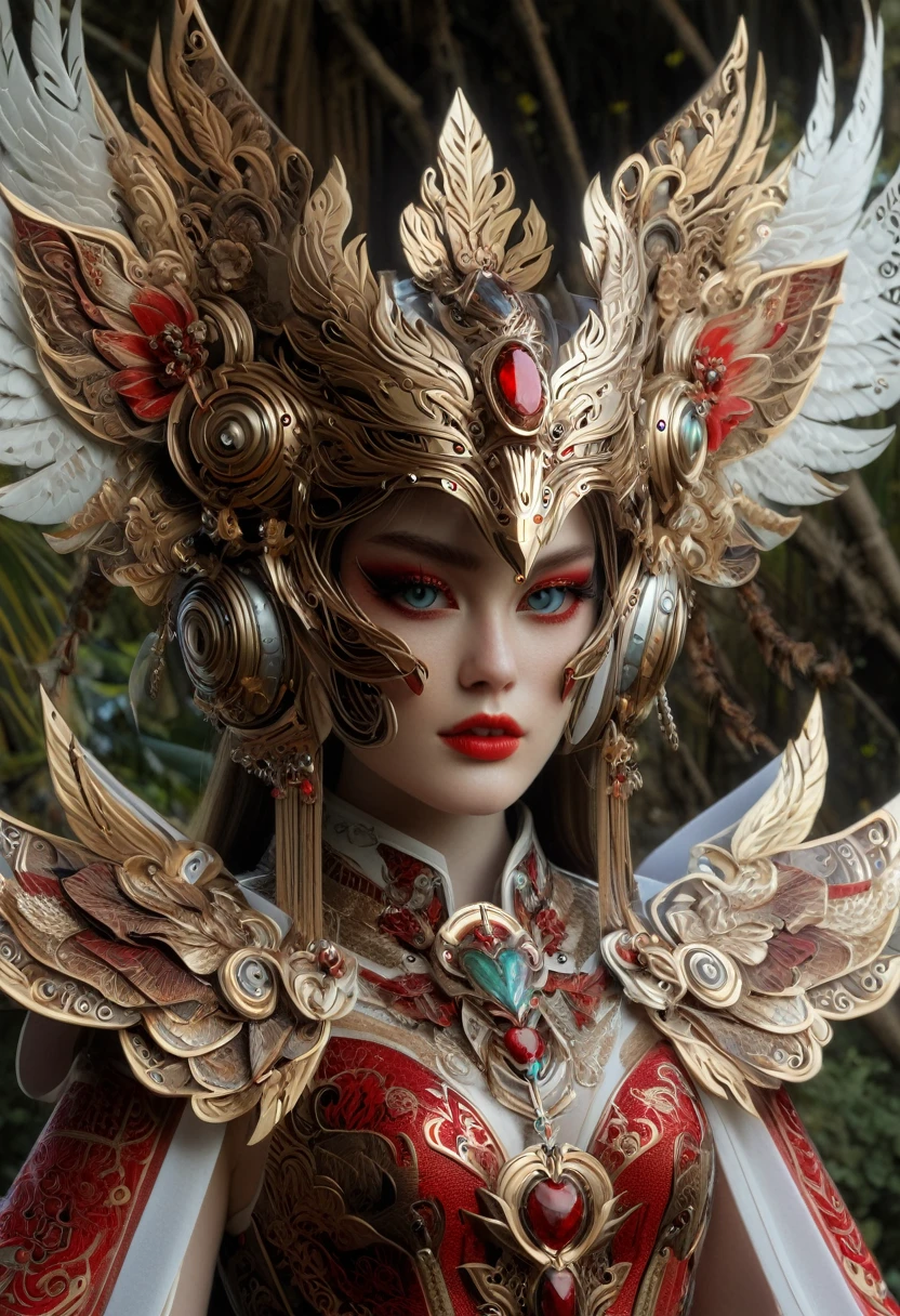 Photorealism, Face facing front, (high detail : pale skin, face ratio, windblowing hair)Stunning hyper-realistic beauty Japanese girl, by Ash Thorp and Marta Nael, anime, manga, character, upper body only, wearing high detail elaborate red mate mix 24k gold balinese garuda engraving  fantasy clothes inspired by balinese culture, futuristic and modern twist, vibrant high res  colors, soft focus, warm lighting, 8k, high-quality print, delicate features, intricate details, jade eyes , light brown hair, high detail skins, red lips,  dynamic pose, fusion of traditional and futuristic elements, barong garuda ornate accessories, exotic patterns, Batik-inspired design, traditional balinese headdress, intricate maluku pearl jewelry. High res, high saturation, cinematic, 1040x2400pixels