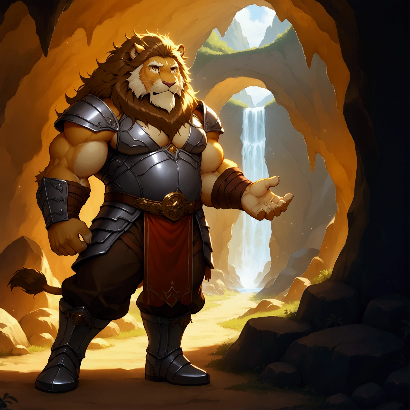 character focus, full body, looking away, various angle, european fantasy, a musclegut middle-aged lion man, clothed, heroic costume, pants, dynamic pose, BREAK complete anatomy, perfect proportions, beautiful thigh gap, fluffy body, intricate fur details, beautiful fur texture, BREAK a detailed lion tail, detailed boots, detailed foot, detailed hands, 5fingers, 5fingers nails, BREAK aesthetic anime face, insanity detailed face, male face, big face, square jawline, aesthetic anime eyes, detailed brown eyes, detailed brown cornea, detailed dark brown irises, detailed pupils, male eyes, big eyes, male eyebrows, innocent look, beautiful beard, BREAK full body in Michelangelo Buonarroti style, digital illustration anime, housamo style, detailed painting landscape, cave, path, outdoor, full color, HDR, BREAK masterpiece, official art, best quality, very aesthetic, absurdres, super fine illustration, great quality, BREAK noise reduction, very highres, large filesize, high quality, 32K, 8k wallpaper, dynamic lighting, BREAK insanity detailed, ultra detailed, intricate details, extremely detailed, detailed texture, an extremely delicate and beautiful, BREAK osukemo, e621 illustration, kemohomo, anthropomorphic, furry, cartoon, harmonious body, pastoral face, virtuous eyes, epic atmosphere