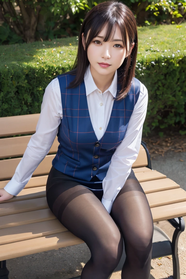 Urzan-6500-v1.1, (RAW Photos:1.2), (Realistic), (Genuine:1.4), 1、Perfect Anatomy、4、Looking into the camera、Medium Long Hair、Plaid vest、((Sit on a bench:1.3))、(Ultra-realistic pantyhose:1.2), (High heels)、(Business services)、