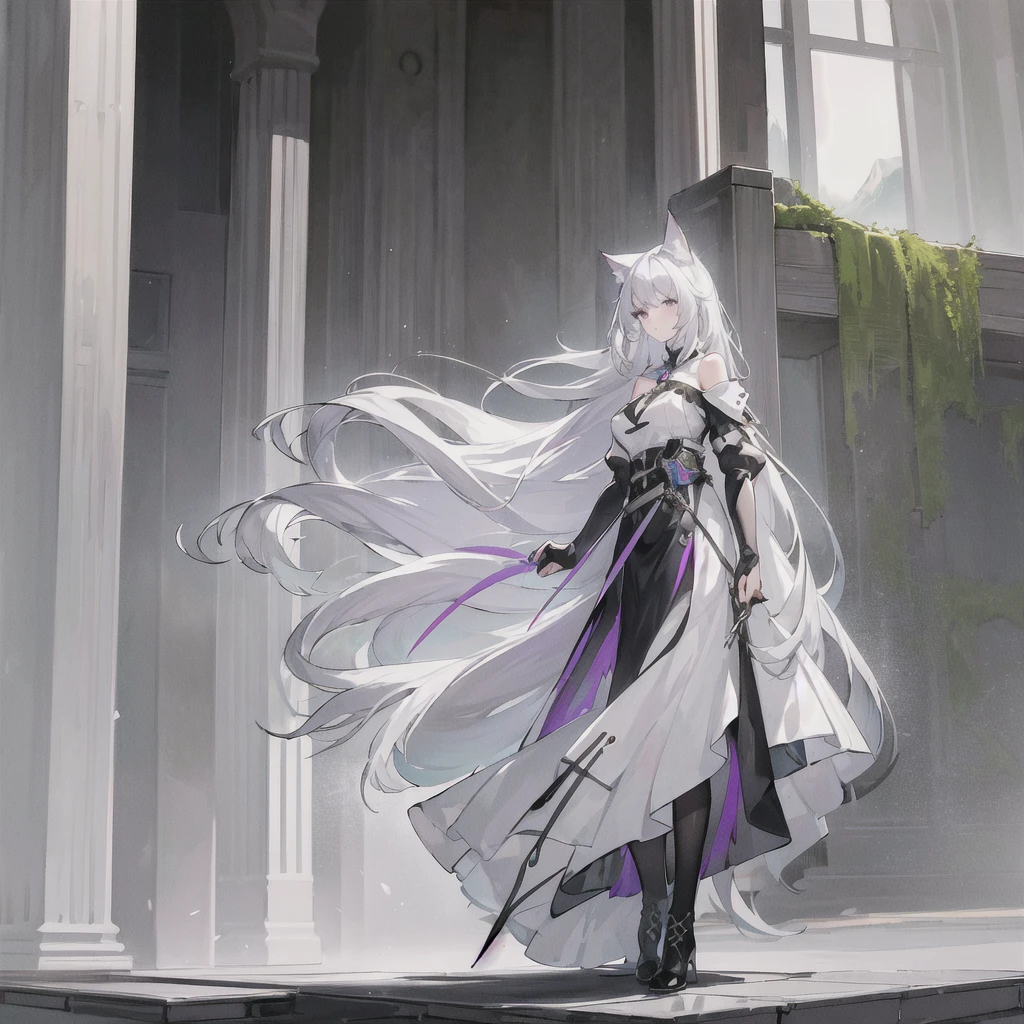 masterpiece, best quality, (ognx:1.3),masterpiece, 1girl, solo, cat ears, purple eyes, long hair, white hair, floating hair, floating knifes, bare shoulders, black coat, full body, mist, moss, mountains, masterpiece, best quality, highres,
 