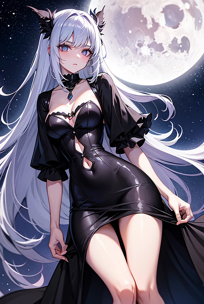 midnight, cool, vivid, mesmerizing, 1girl, dress, dog ears, moon