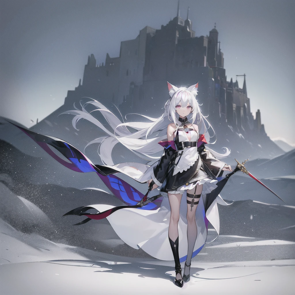 masterpiece, best quality, (ognx:1.3),masterpiece, 1girl, solo, cat ears, purple eyes, long hair, white hair, floating hair, floating knifes, bare shoulders, black coat, full body, mist, moss, mountains, flat white background, masterpiece, best quality, highres, 
 