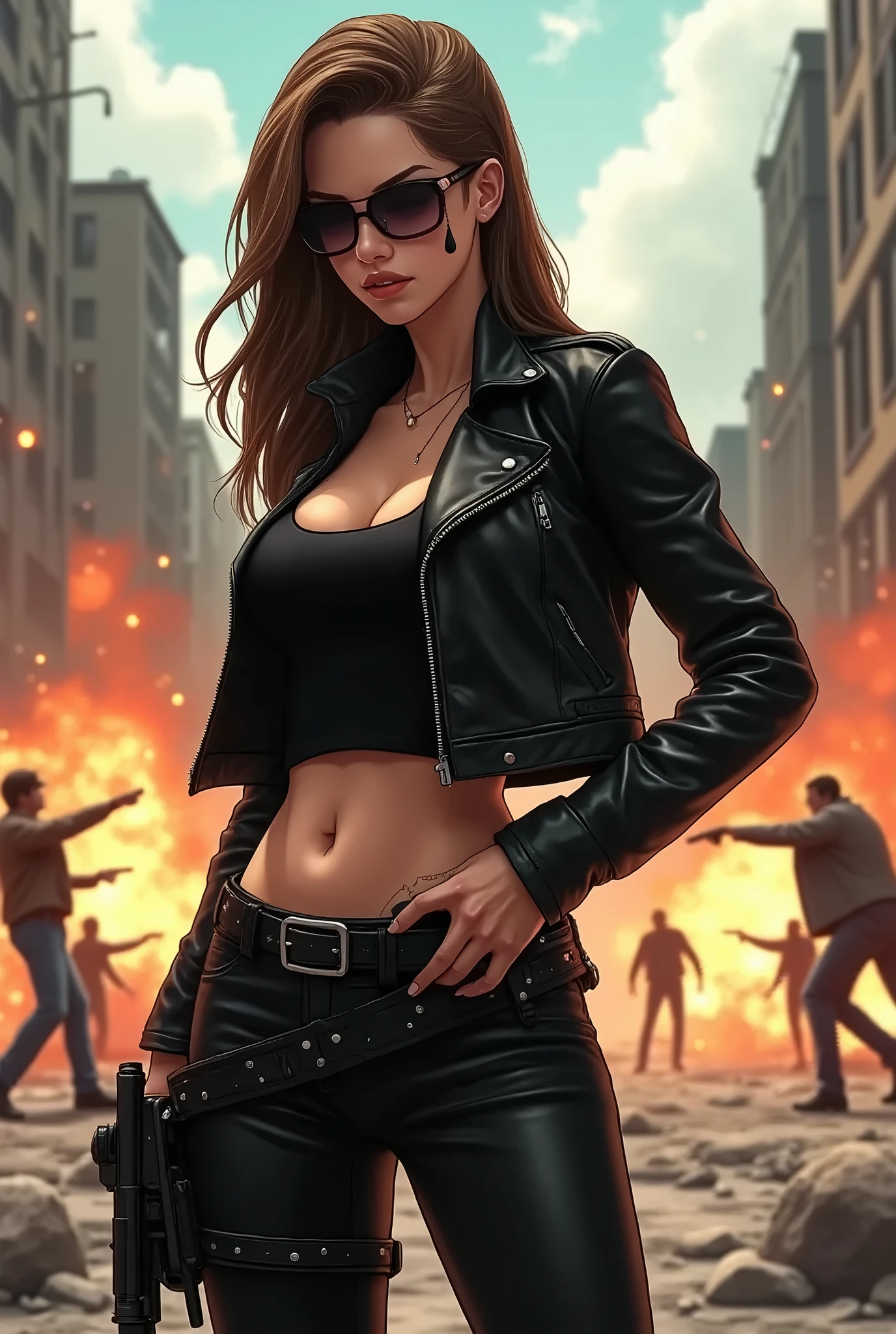 Medium-breasted woman, trousers, rebites, coldres, arma grande, cabelo preto longo, oculos de sol, nas ruinas, explosions behind.