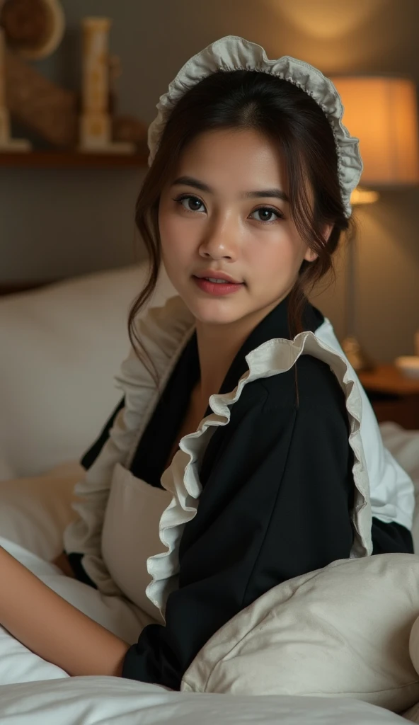 A young woman, dressed in a crisp black and white maid uniform, reclines languidly on a soft, inviting bed. Her porcelain skin glistens under the warm, diffused lighting, aThe maid's outfit is immaculately pressed, with a subtle sheen accentuating the fabric's texture.