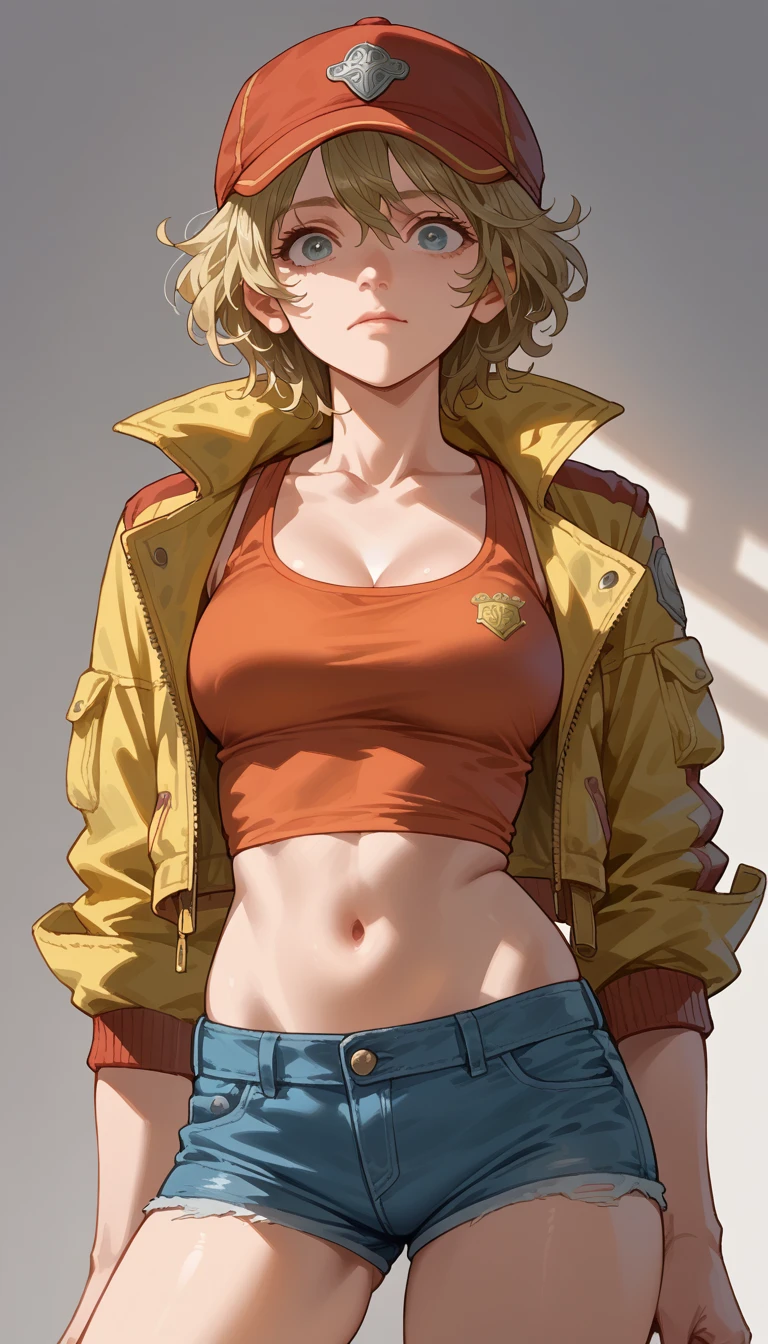 cindy aurum final fantasy , adult woman, matured face, sexy body, wearing short tanktop, midriff jacket, very short jeans, 