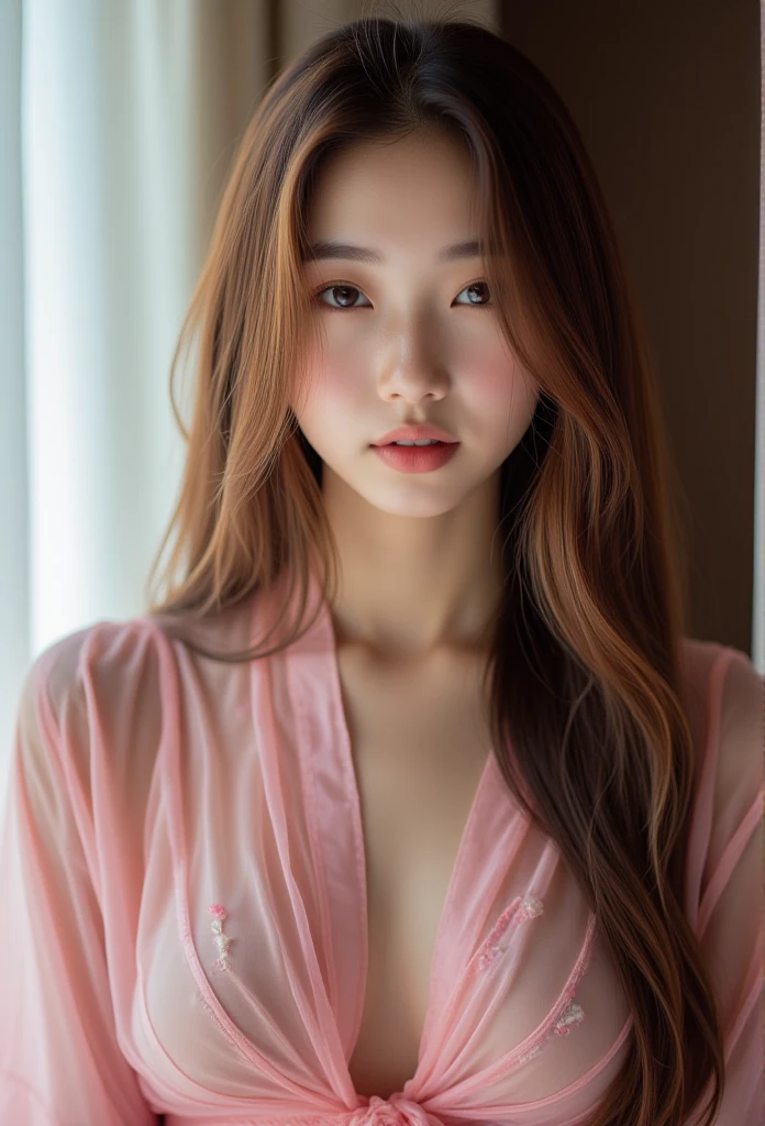  best quality,  masterpiece ,  high detail,  actual , Beautiful Korean Girl , A slim, ite young Korean girl in a sexy translucent pink tulle robe, Professional Original Quality Photo Shoot ,  Fetishist High Heels , long hair,  Dramatic Posing ,  high detail face, Perfect face