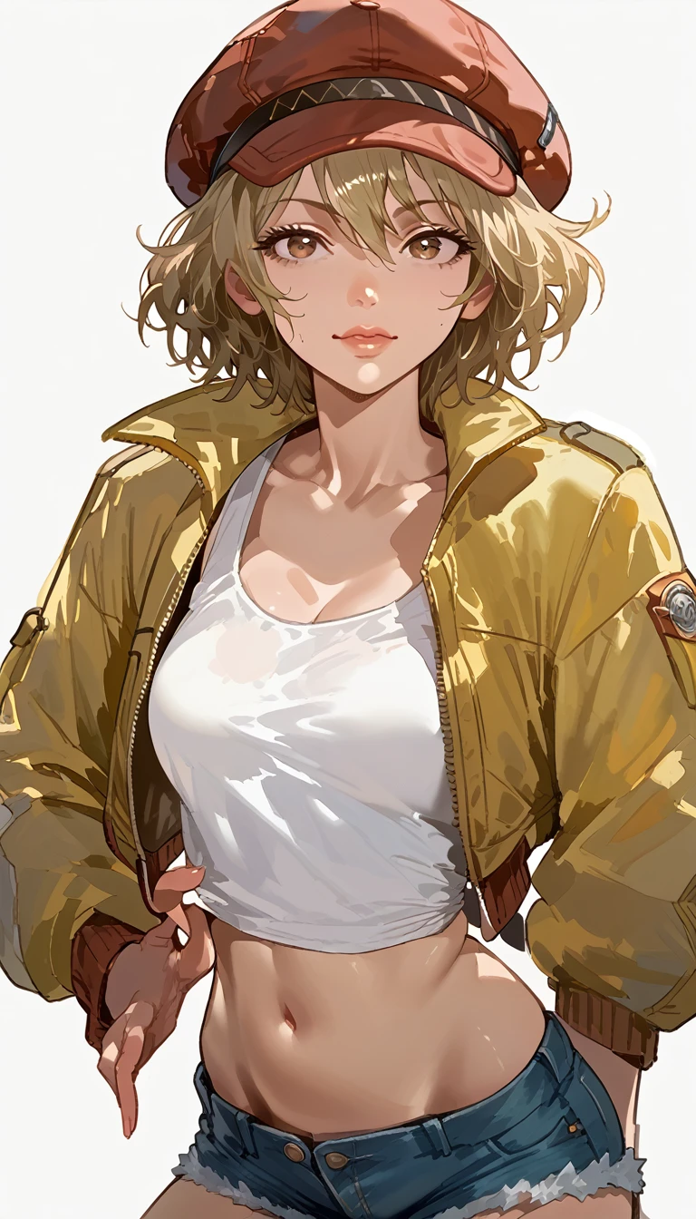 cindy aurum from final fantasy , adult woman, matured face, sexy body, wearing short tanktop, midriff jacket, very short jeans,