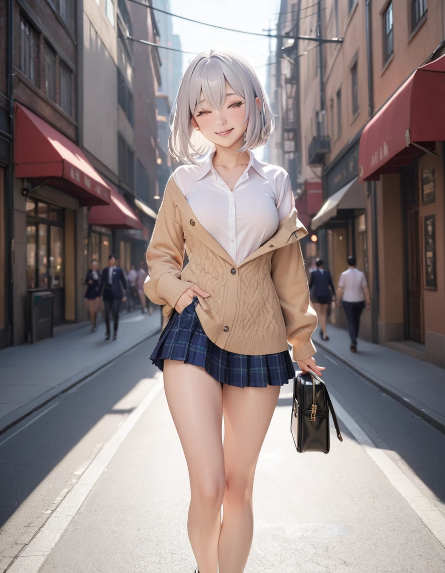 1 Japanese sexy girl, ((shiny silver hair)), bob cut, bang between eyes, beautiful hair), (glossy silver eyes:1.5), (beautiful eyes, twinkle eyes, large eyes), (athlete body, large breasts), cute face, beautiful face, pretty face, beautiful, good anatomy, long eyelashes, expressive eyes, Perfect Hand, perfecteyes, glossy lips, 
BREAK (glossy silver eyes:1.5), (beautiful eyes, twinkle eyes, large eyes), (athlete body, large breasts), cute face, beautiful face, pretty face, beautiful, good anatomy, long eyelashes, expressive eyes, Perfect Hands, embarrassed, perfecteyes, 
BREAK (School Uniforms:1.3), (wear a beige cable knit-sweater over a white collared-shirt:1.4), (tucked out sweater, sweater pull:1.3), (red bow:1.4), (plaid pattern pleated skirt:1.3), holding a black school bag, 
BREAK 1girl, morning, walking, sunny, city, street, contrapposto, eyes closed, smile, happy, 
BREAK masterpiece, high details, high quality, super detail, best quality, highres, 4K, 8k, cute, beautiful, full body detailed, 32K, high details, perfect lighting, perfect anatomy, sharp outline, high definition, extreme illustration, ambient lights, soft light,