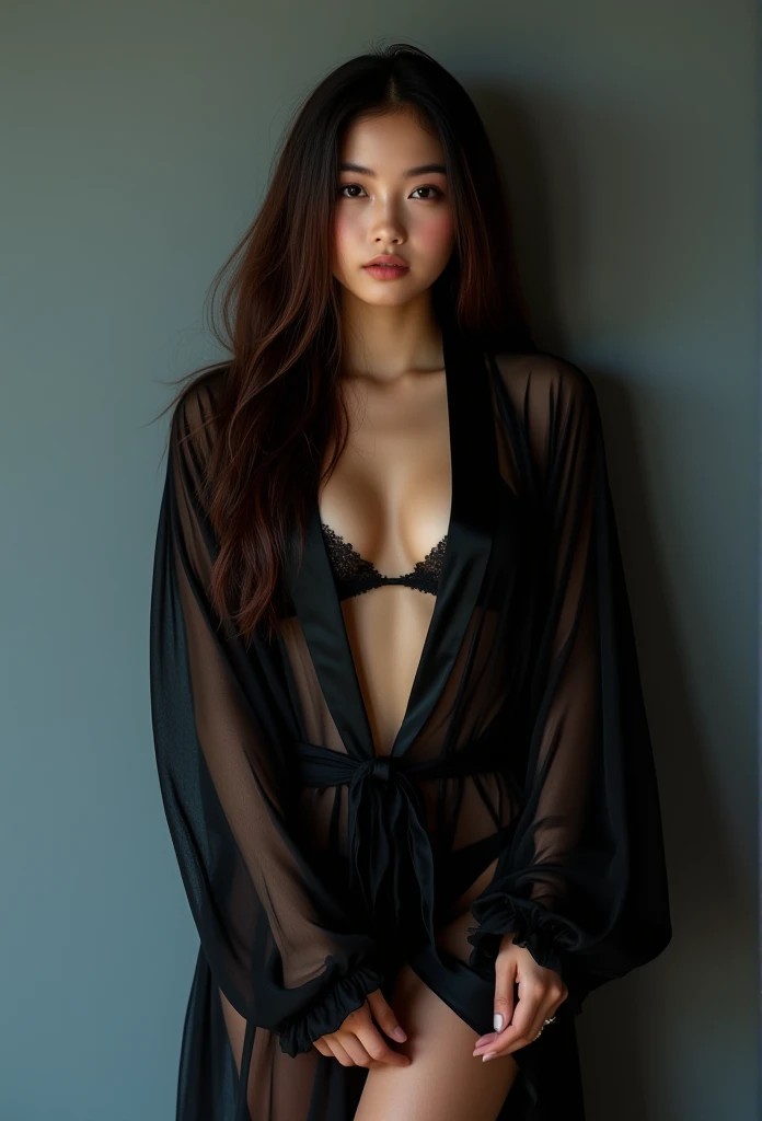  best quality,  masterpiece ,  high detail,  actual , Beautiful Korean Girl , A slim, petite young Korean girl wearing a translucent black tulle sexy robe, Professional Original Quality Photo Shoot ,  Long Socks and Super Heeled Fetishist High Heels , long hair,  Dramatic Posing ,  high detail face, Perfect face