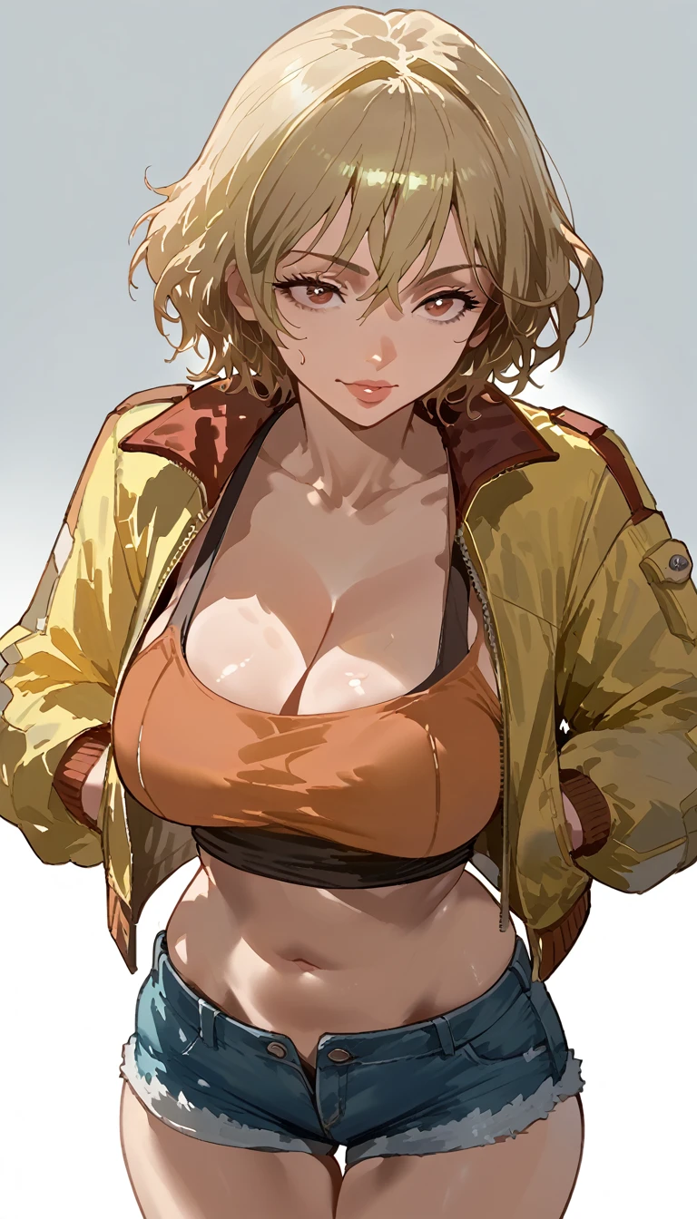 cindy aurum from final fantasy , adult woman, matured face, sexy body, wearing short tanktop, midriff jacket, very short jeans, large breasts, cleavage