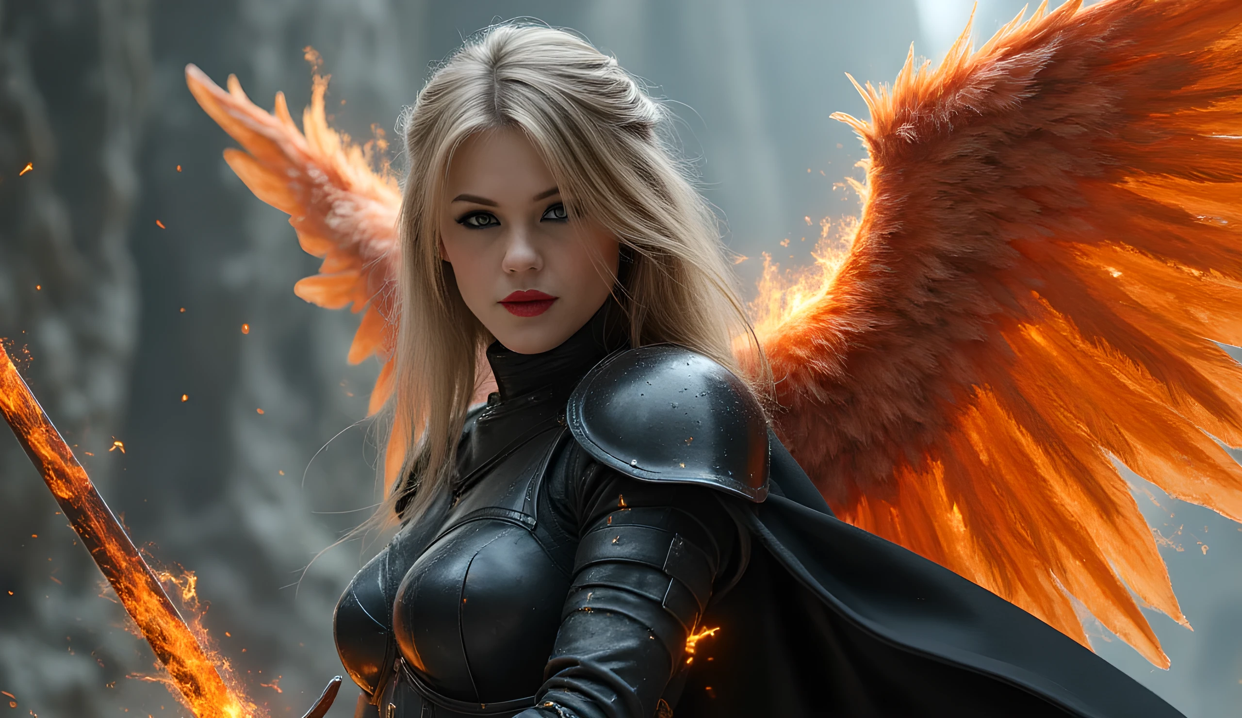 ((super fine illustration, 8k, Masterpiece :1.2, Sharp focus :1.2, depth of field:1.2)), Beautiful swordswoman, absurdity, Highly detailed face and skin texture, silver hair, jet-black armor, flame armor, cloak wrapped in flames, sword wrapped in flames, flame wings, determination to overcome sorrow, A sign of determination in your gentle eyes , strong soul