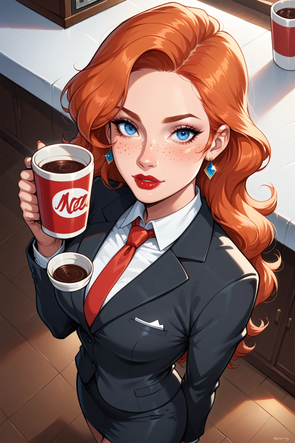 score_9, score_8_above,  a girl, Alone, long red hair, blue eyes, freckles, lipstick, orange hair, cups, formal suit and black miniskirt, Red tie, attractive thighs,   exposed legs  , cowboy shot, Mesa