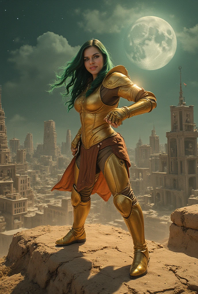 (Masterpiece, 4k resolution, ultra-realistic, very detailed), (Theme of knights of the zodiac, charismatic, there is a girl at the top of the city, wearing a golden gold armor Sagittarius knight, she is a superhero), [ ((20 years), (long green hair:1.2), full body, (green eyes:1.2), ((fighting pose),show of strength), ((sandy urban environment):0.8)| (cityscape, at night, dynamic lights), (full moon))