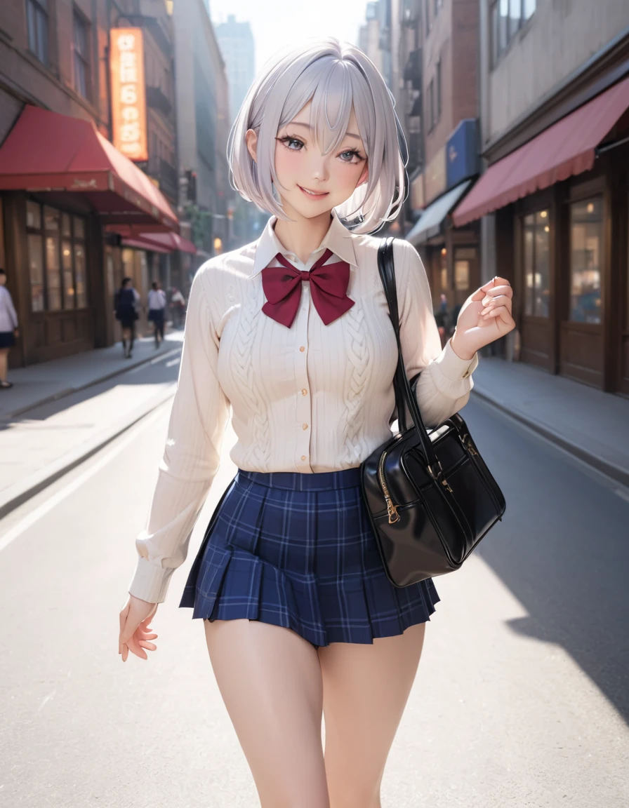 1 Japanese sexy girl, ((shiny silver hair)), bob cut, bang between eyes, beautiful hair), (glossy silver eyes:1.5), (beautiful eyes, twinkle eyes, large eyes), (athlete body, large breasts), cute face, beautiful face, pretty face, beautiful, good anatomy, long eyelashes, expressive eyes, Perfect Hand, perfecteyes, glossy lips, 
BREAK (glossy silver eyes:1.5), (beautiful eyes, twinkle eyes, large eyes), (athlete body, large breasts), cute face, beautiful face, pretty face, beautiful, good anatomy, long eyelashes, expressive eyes, Perfect Hands, embarrassed, perfecteyes, 
BREAK (School Uniforms:1.3), (wear a beige cable knit-sweater over a white collared-shirt:1.4), (tucked out sweater, sweater pull:1.3), (red bow:1.4), (plaid pattern pleated skirt:1.3), holding a black school bag, 
BREAK 1girl, morning, walking, sunny, city, street, contrapposto, eyes closed, smile, happy, 
BREAK masterpiece, high quality, super detail, best quality, 4K, 8k, cute, beautiful, full body detailed, perfect lighting, perfect anatomy, sharp outline, high definition, extreme illustration, ambient lights, soft light,