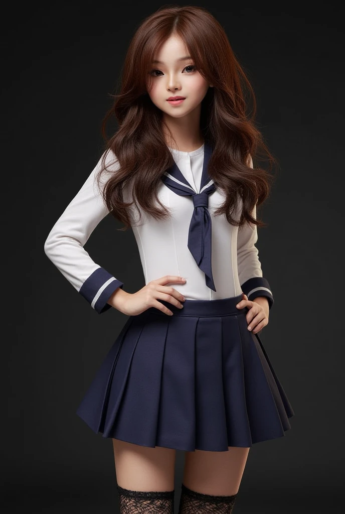 realistic, high res image, masterpiece, best quality, young woman, cute, fair skin, brown shiny long hair, ultra detailed eyes, thick lips, dark background, school uniform, white long sleves fitted shirt, navy skirt, black lace leg wear, black lace thighhigh, .