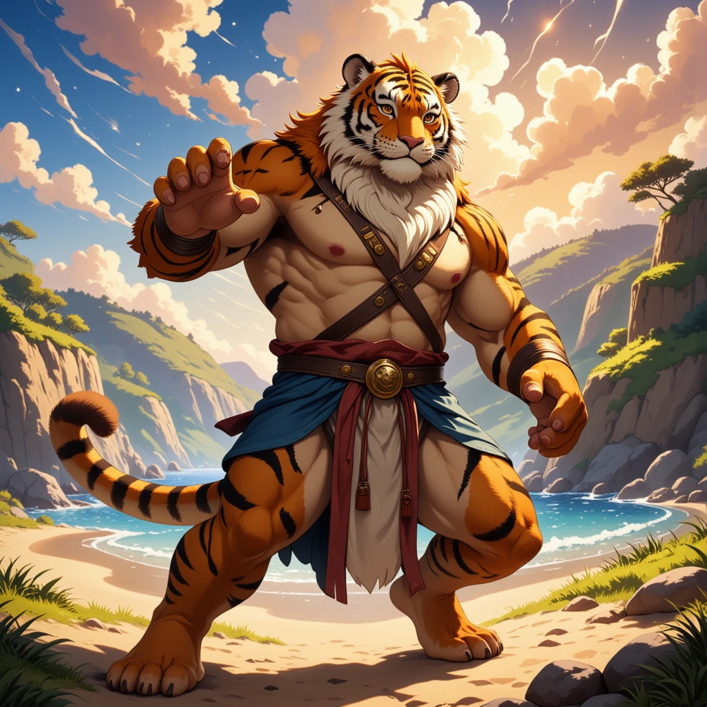 character focus, full body, looking away, various angle, european fantasy, wizard, a muscular middle-aged tiger man, heroic costume clothes, robe, shirt, pants, 
casting magic, dynamic pose, BREAK complete anatomy, perfect proportions, beautiful thigh gap, fluffy body, intricate fur details, beautiful fur texture, BREAK a detailed tiger 1tail, detailed boots, detailed foot, detailed hands, 5fingers, 5fingers nails, BREAK aesthetic anime face, insanity detailed face, male face, big face, square jawline, aesthetic anime eyes, detailed brown eyes, detailed brown cornea, detailed dark brown irises, detailed pupils, male eyes, big eyes, male eyebrows, innocent look, beautiful beard, BREAK full body in Michelangelo Buonarroti style, digital illustration anime, housamo style, detailed painting landscape, beach, path, outdoor, full color, HDR, BREAK masterpiece, official art, best quality, very aesthetic, absurdres, super fine illustration, great quality, BREAK noise reduction, very highres, large filesize, high quality, 32K, 8k wallpaper, dynamic lighting, BREAK insanity detailed, ultra detailed, intricate details, extremely detailed, detailed texture, an extremely delicate and beautiful, BREAK osukemo, e621 illustration, kemohomo, anthropomorphic, furry, cartoon, harmonious body, pastoral face, virtuous eyes, epic atmosphere