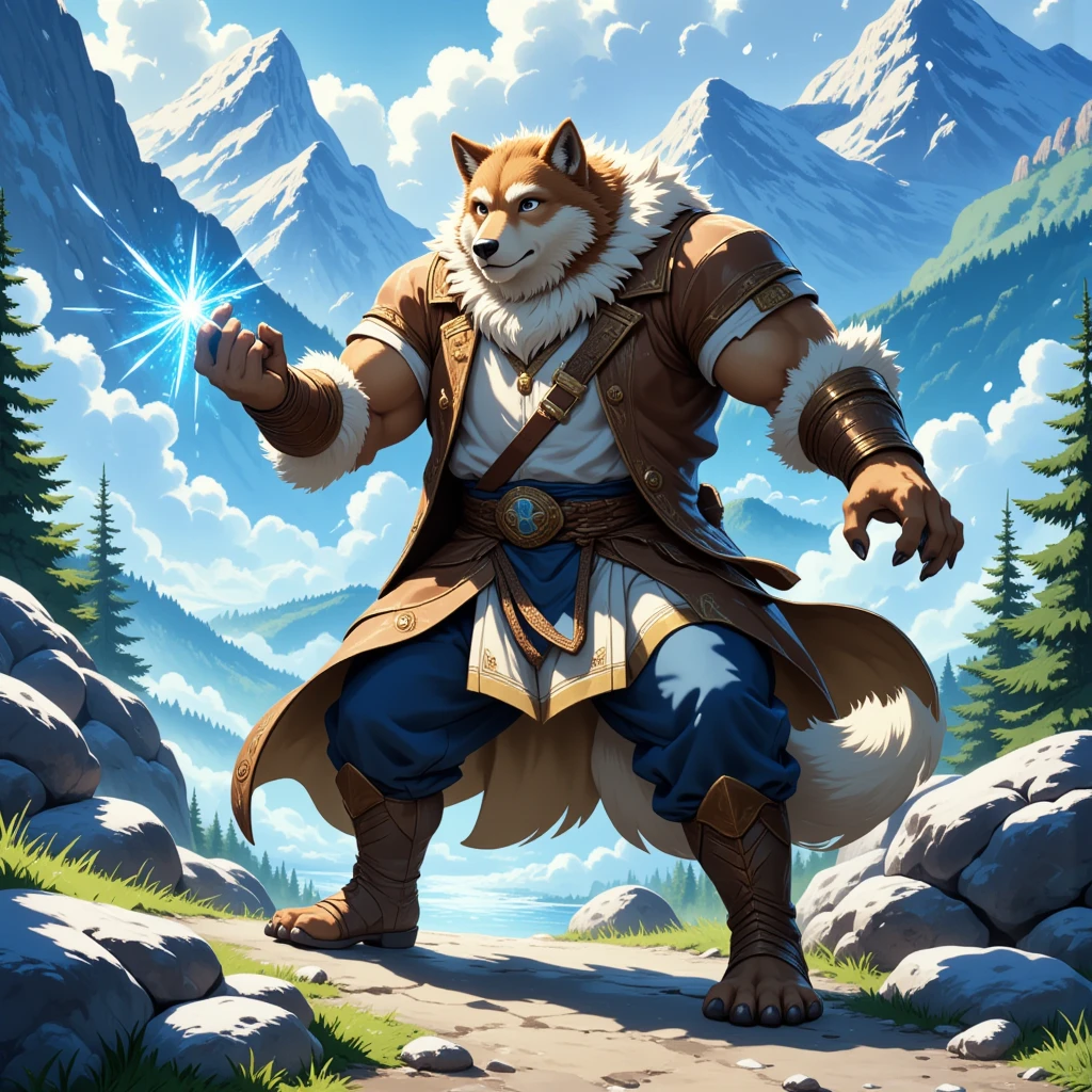 character focus, full body, looking away, various angle, european fantasy, wizard, a muscular middle-aged wolf man, heroic costume clothes, robe, shirt, pants, casting ice magic, dynamic pose, BREAK complete anatomy, perfect proportions, beautiful thigh gap, fluffy body, intricate fur details, beautiful fur texture, BREAK a detailed wolf 1tail, detailed boots, detailed foot, detailed hands, 5fingers, 5fingers nails, BREAK aesthetic anime face, insanity detailed face, male face, big face, square jawline, aesthetic anime eyes, detailed brown eyes, detailed brown cornea, detailed dark brown irises, detailed pupils, male eyes, big eyes, male eyebrows, innocent look, beautiful beard, BREAK full body in Michelangelo Buonarroti style, digital illustration anime, housamo style, detailed painting landscape, mountain, path, outdoor, full color, HDR, BREAK masterpiece, official art, best quality, very aesthetic, absurdres, super fine illustration, great quality, BREAK noise reduction, very highres, large filesize, high quality, 32K, 8k wallpaper, dynamic lighting, BREAK insanity detailed, ultra detailed, intricate details, extremely detailed, detailed texture, an extremely delicate and beautiful, BREAK osukemo, e621 illustration, kemohomo, anthropomorphic, furry, cartoon, harmonious body, pastoral face, virtuous eyes, epic atmosphere