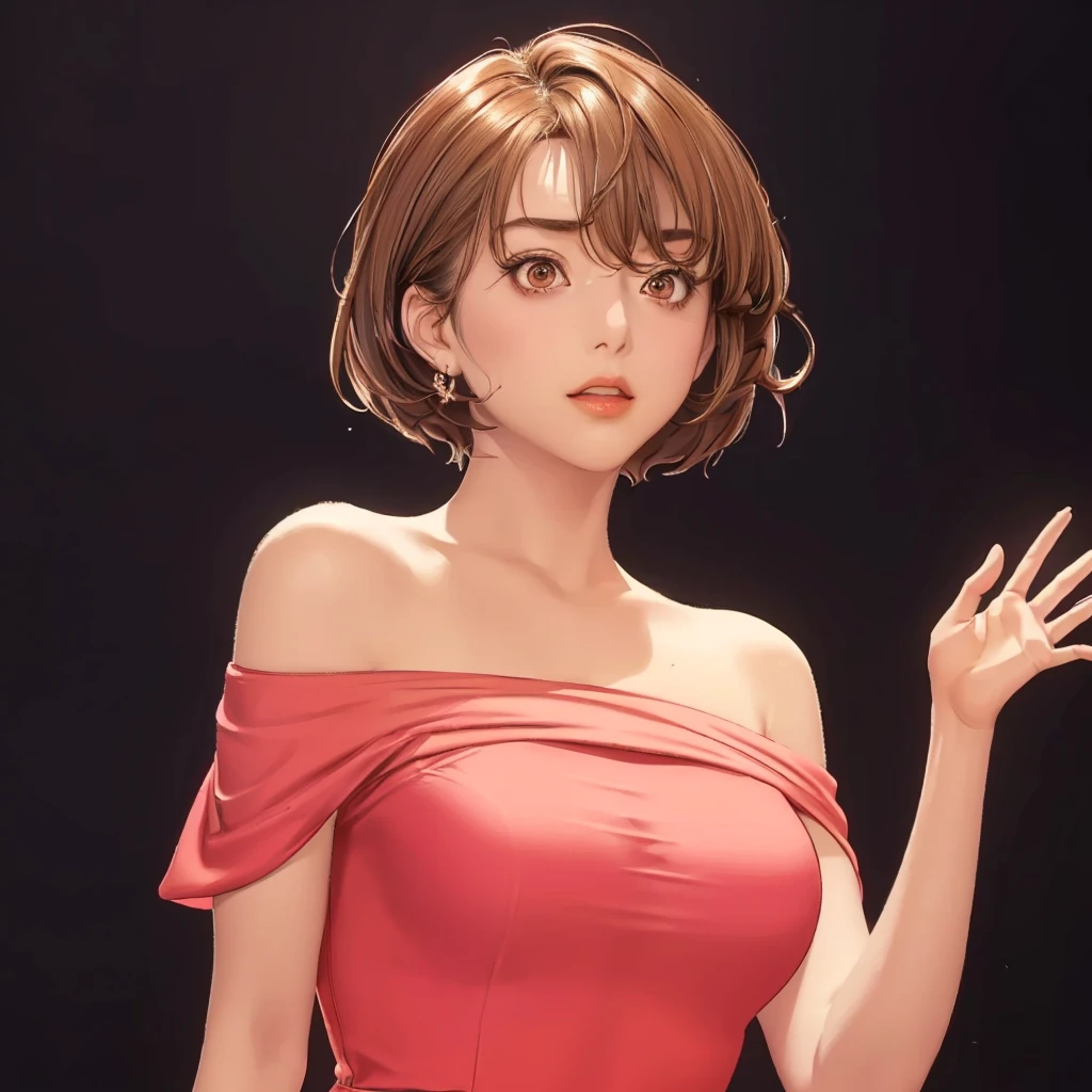 (（（figure，御姐figure,White and tender skin,（（（red hip wrap dress，Short sleeve，Off Shoulder，）））,(（（Soridef，brown eyes，brown hair，short hair,））),，((masterpiece)), highres icon,((Best quality at best)),masterpiece,quality,Best quality,(（（  to the audience,Light in the eyes）））,Big ,苗条figure, Black background）））