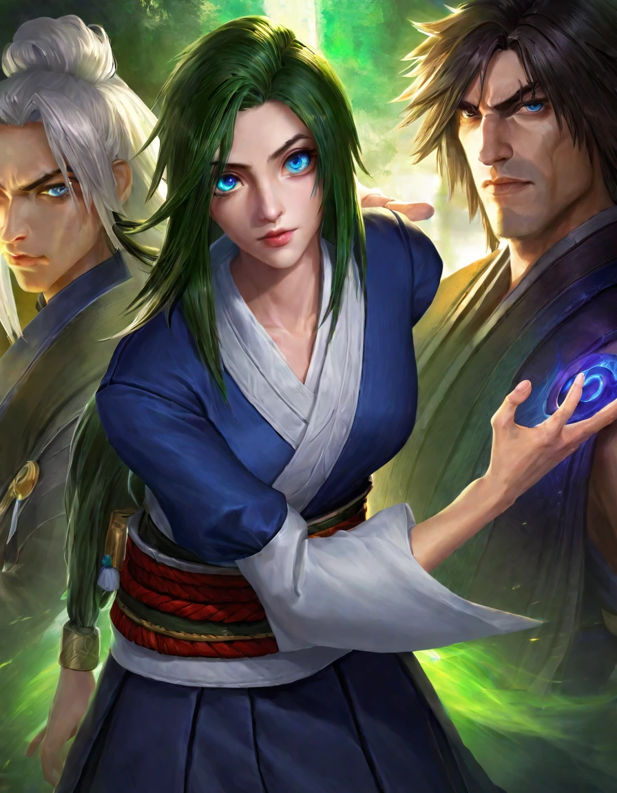 league of legends, best aesthetics, lolsplashart, pixiv, booru, artstation, PonyYuna, heterochromia, blue eyes, green eyes, medium hair, hakama, detached sleeves