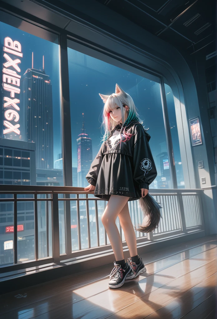 (masterpiece:1.2),

(best quality:1.2), 

(very aesthetic:1.2), (absurdres:1.2), (detailed background), newest, (safe:1.2), 32k uhd, sharp focus, matured girl, wolf ears, wolf tail, solo, streetwear, cool, :), neon colored inner hair, :), fashion_model_posing, (dynamic angle:1.3), (indoor), (night cityscape through large window), high-rise building interior, neon lights reflecting on the window, visible city lights in background, dim ambient lighting, beautiful composition, she's on the 20th floor, (dramatic_scene), neon_colors, score_9, score_8_up, score_7_up, score_6_up, source_anime, gothic, gothic style, gothic makup, full body view, standing on the edge of a balcony,