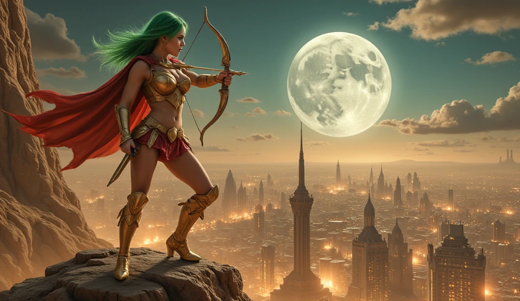 (Masterpiece, award winning, UHD, 8K, photorealistic, ultra-realistic, very detailed), (Theme of knights of the zodiac, charismatic, there is a girl at the top of the city, wearing a golden gold armor Sagittarius knight, she is a superhero), [ ((20 years), (long green hair:1.2), full body, (green eyes:1.2), ((fighting pose),show of strength), ((sandy urban environment):0.8)| (cityscape, at night, dynamic lights), (full moon))