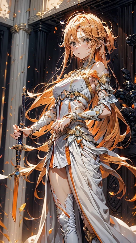 masterpiece, Best Quality,  one girl playing pranks,  have long orange hair and orange eyes、anime girl in white armor and white pants ,  Yuuki as costume  from sword art online,  Yuuki as costume , Torn Armor, Underarm details,  Detailed Face  , Detailed eyes, Under the skirt