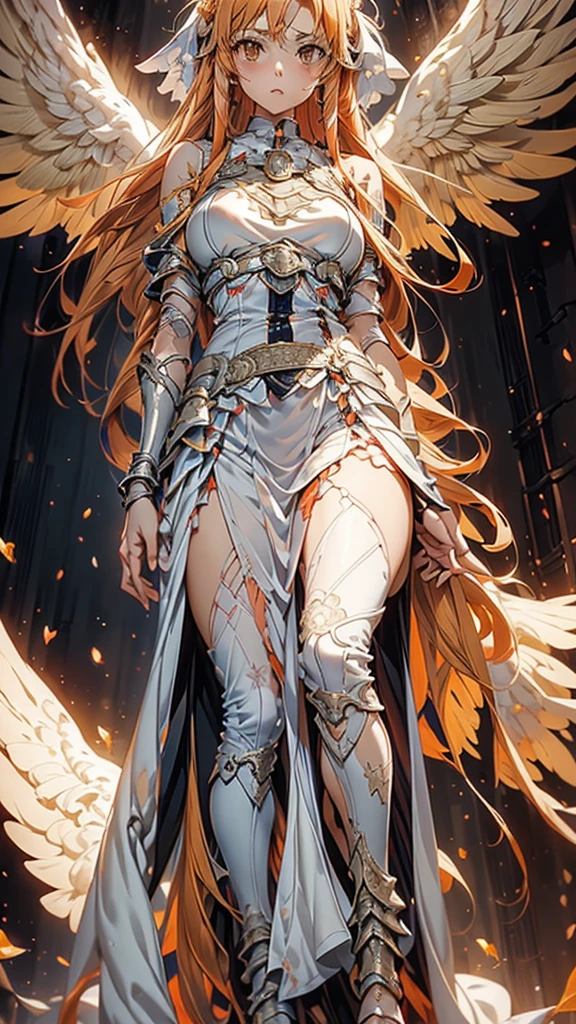 masterpiece, Best Quality,  one girl playing pranks,  have long orange hair and orange eyes、anime girl in white armor and white pants ,  Yuuki as costume  from sword art online,  Yuuki as costume , Torn Armor, Underarm details,  Detailed Face  , Detailed eyes, Under the skirt、Big Breasts