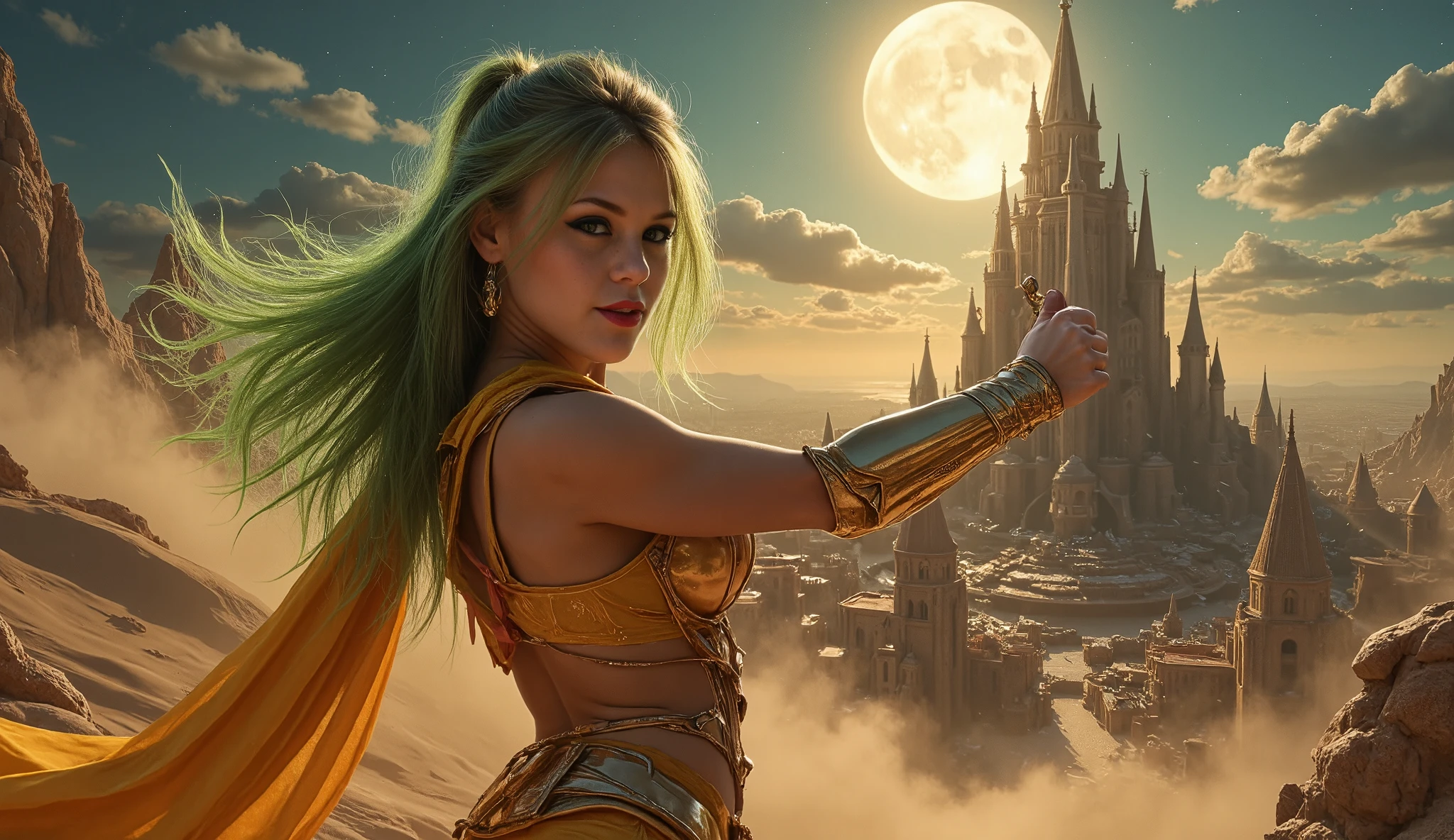 (Masterpiece, award winning, UHD, 8K, photorealistic, ultra-realistic, very detailed), (Theme of knights of the zodiac, charismatic, there is a girl at the top of the city, wearing a golden gold armor Sagittarius knight, she is a superhero), [ ((20 years), (long green hair:1.2), full body, (green eyes:1.2), ((fighting pose),show of strength), ((sandy urban environment):0.8)| (cityscape, at night, dynamic lights), (full moon))