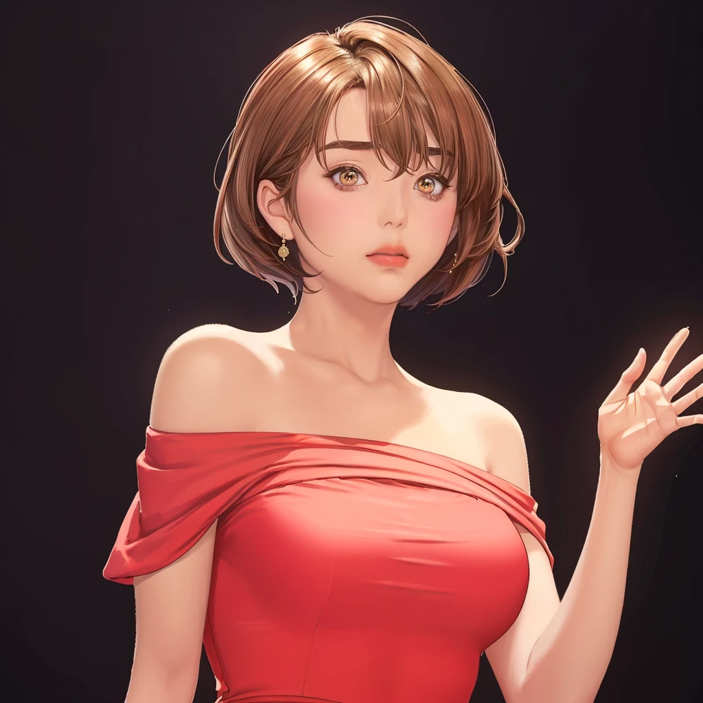 (（（figure，御姐figure,White and tender skin,（（（red hip wrap dress，Short sleeve，Off Shoulder，）））,(（（Soridef，brown eyes，brown hair，short hair,））),，((masterpiece)), highres icon,((Best quality at best)),masterpiece,quality,Best quality,(（（  to the audience,Light in the eyes）））,Big ,苗条figure, Black background）））