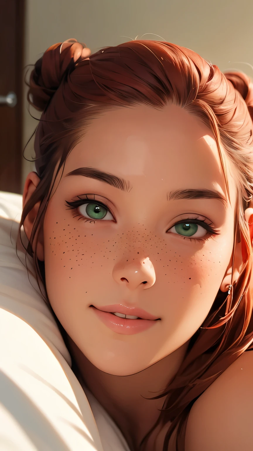 Woman, americana, Age 25, nsfw, pale skin and freckles, green eyes, delicate nose, soft and delicate lips, far away, red orange hair in a double bun, large smile, face with delicate feminine facial features, highly rendered face, lying in bed with a fat bald man age 25. bedroom.