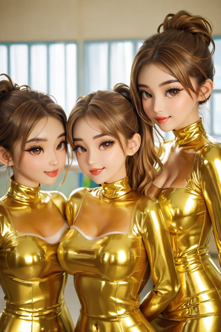 3 girls and in extremely tight shiny golden latex police, Are in school,  side ponytail, shiny hair, Breasts,  seductive smile, Reflected light, Lens reflection, saliva, salivafluss, salivaspur, kiss