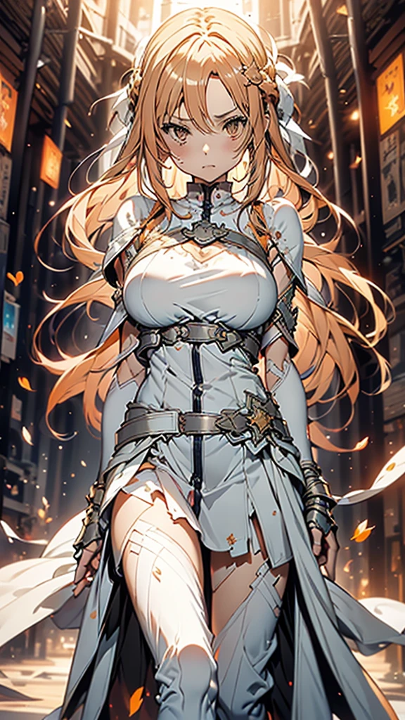 
masterpiece, Best Quality,  one girl playing pranks,  have long orange hair and orange eyes、anime girl in white armor and white pants ,  Yuuki as costume  from sword art online,  Yuuki as costume , Torn Armor, Underarm details,  Detailed Face  , Detailed eyes, Under the skirt、Big Breasts